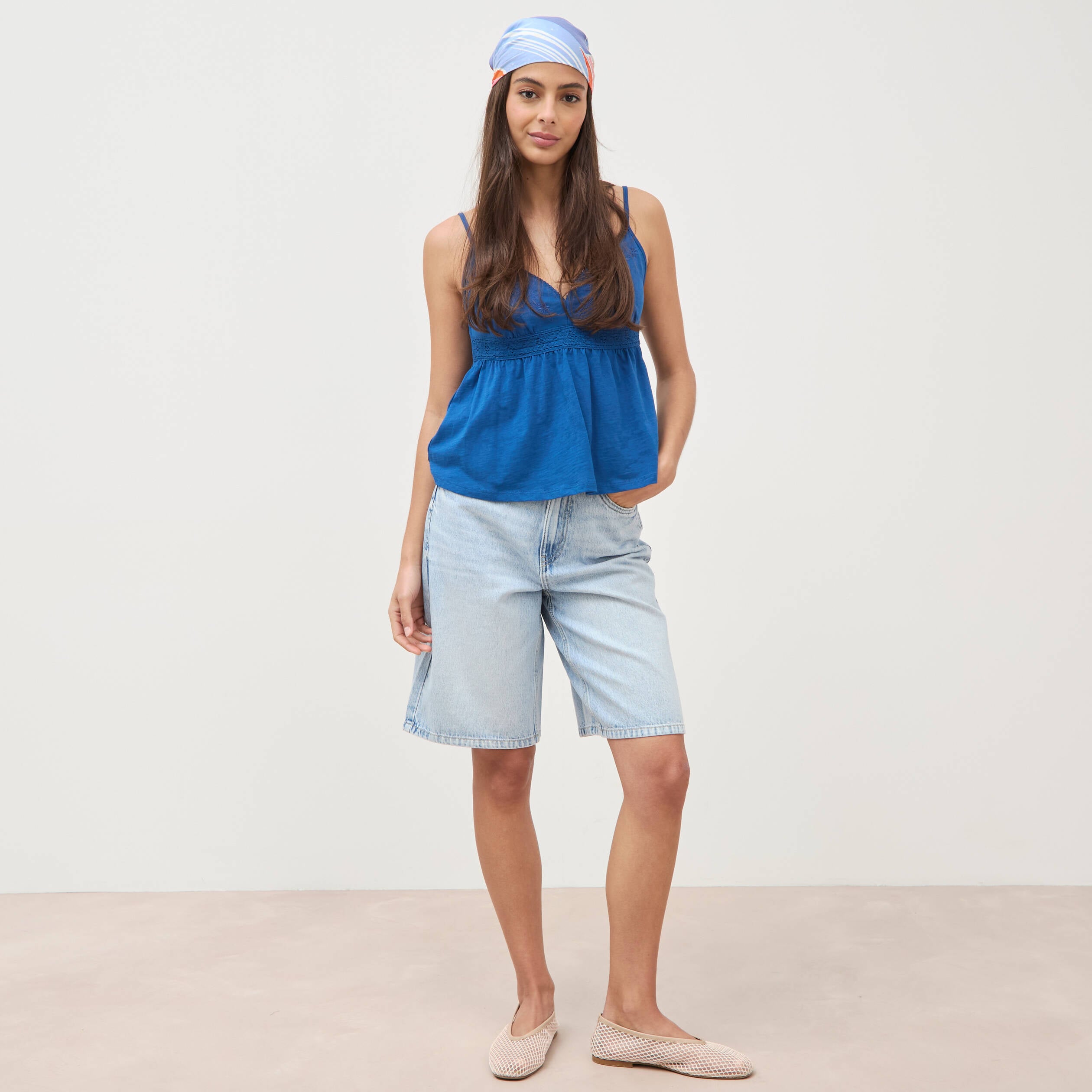 Bermuda large taille haute en coton denim bleach femme