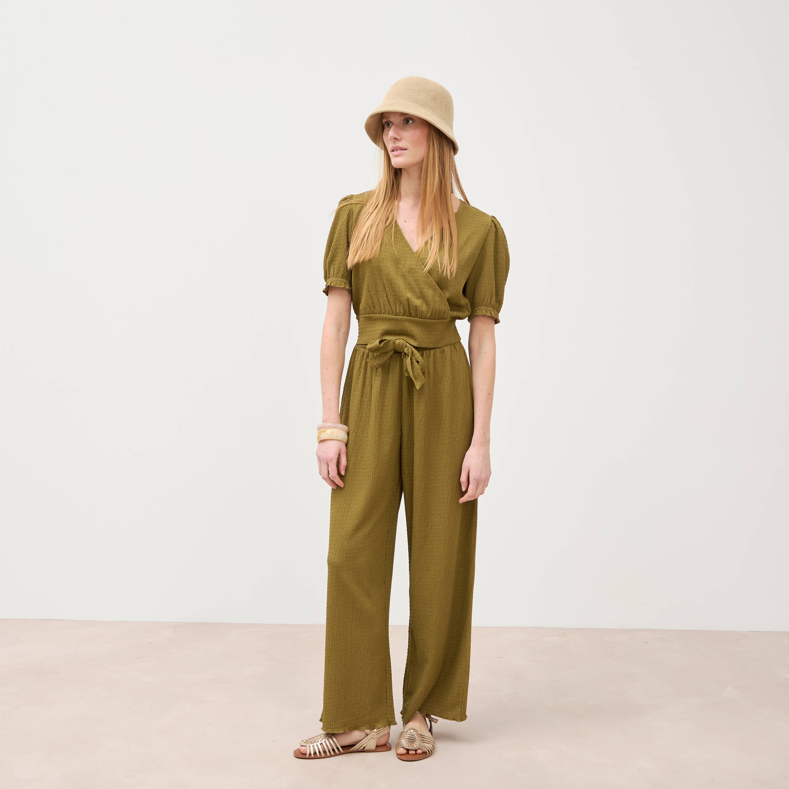 Blouse cropped manches courtes vert kaki femme