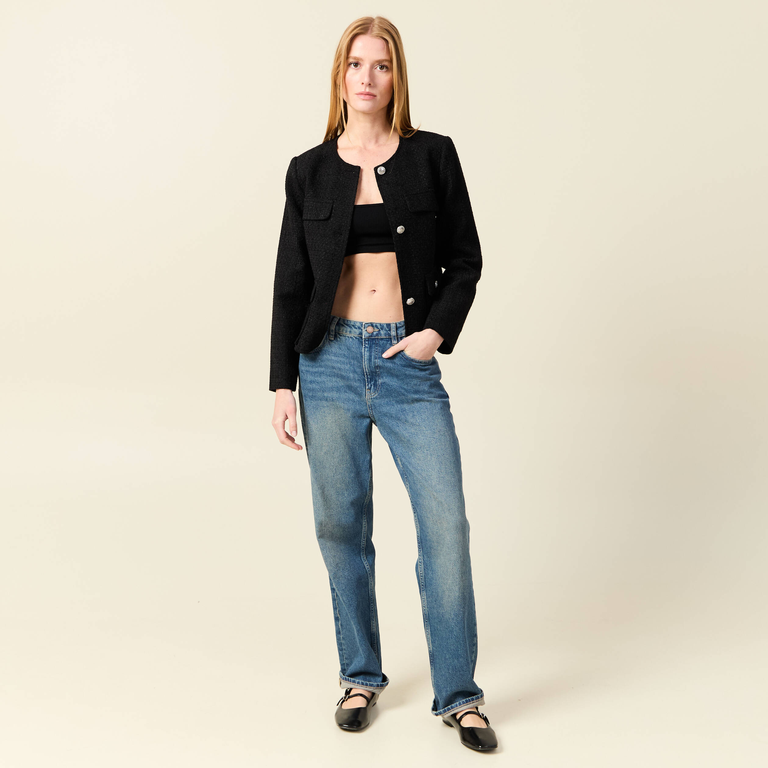 veste manches longues en tweed noir femme Veste manches longues en tweed noir femme
