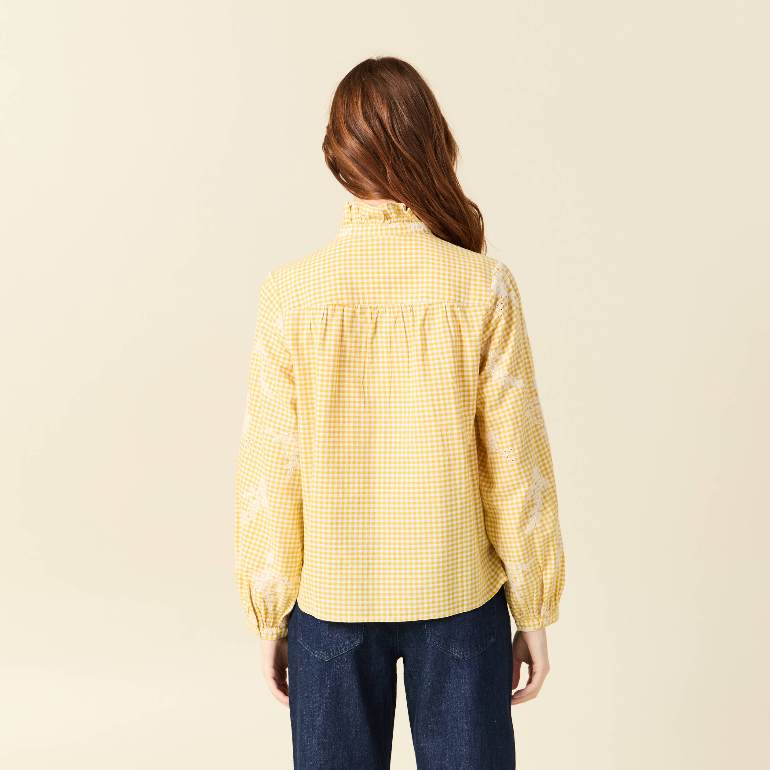 Chemise vichy manches longues en coton jaune femme