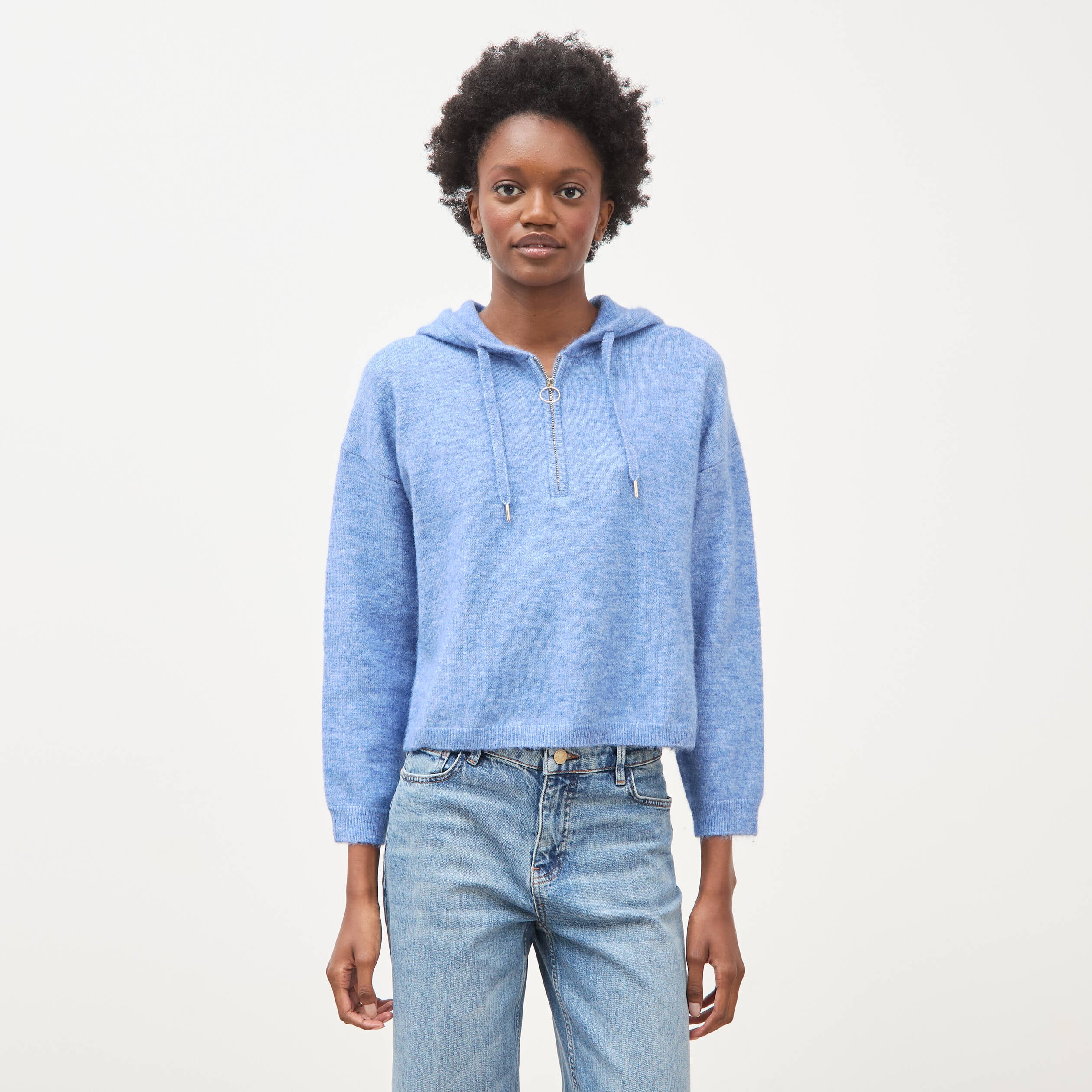 Pull &agrave; capuche zipp&eacute; bleu ciel femme