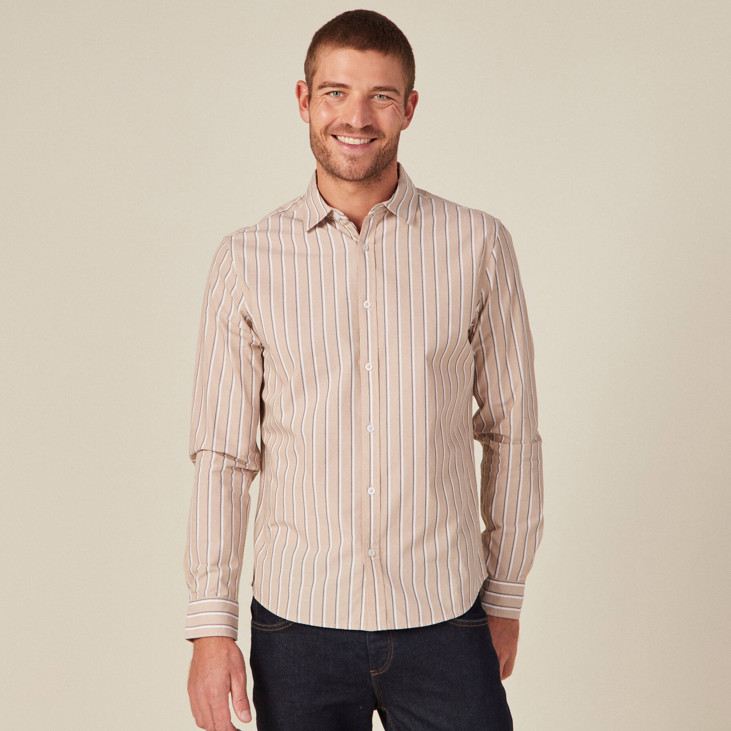 Chemise ray&eacute;e en coton manches longues beige homme