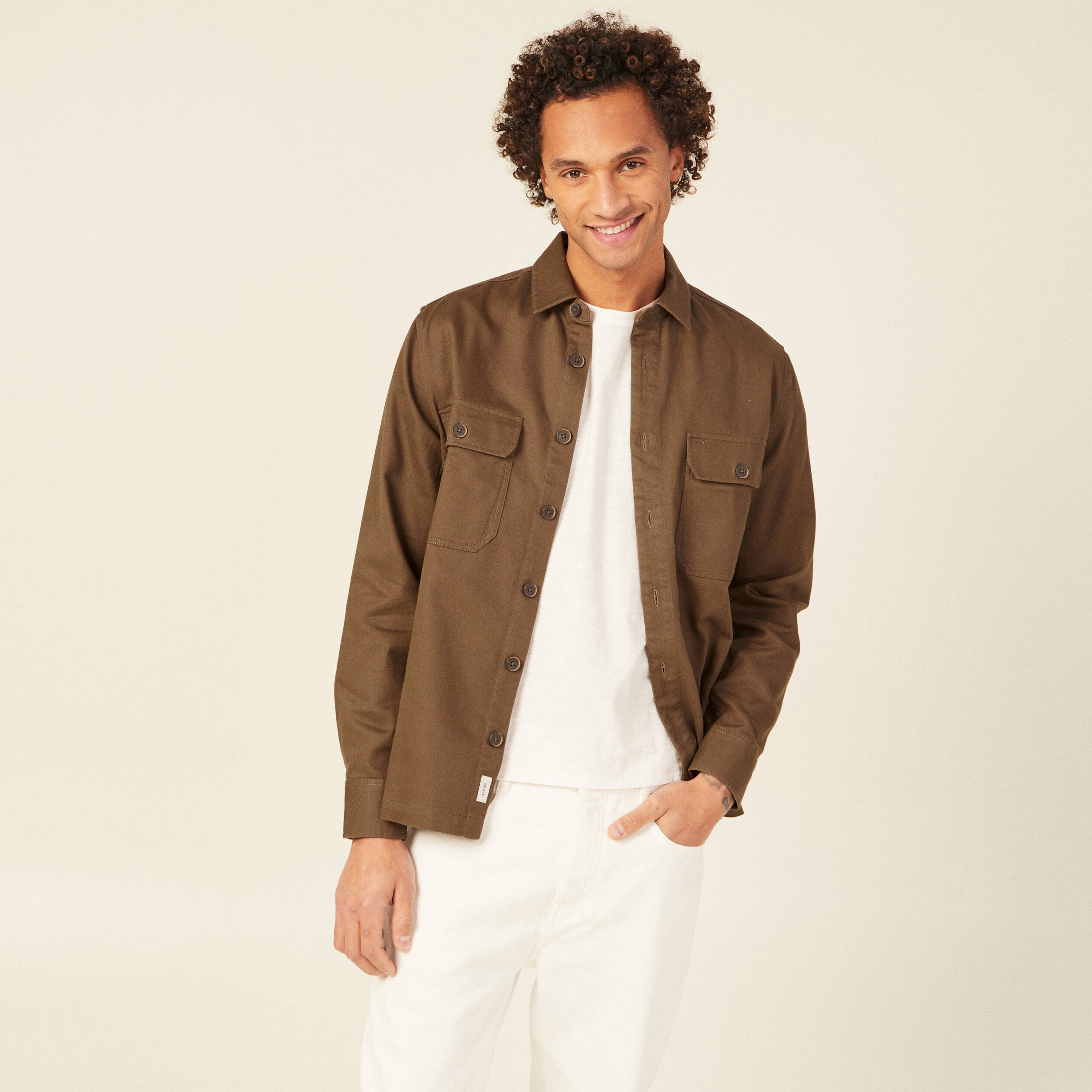 Chemise velours côtelé homme manches longues en coton unie marron noisette Charles – Serge Blanco