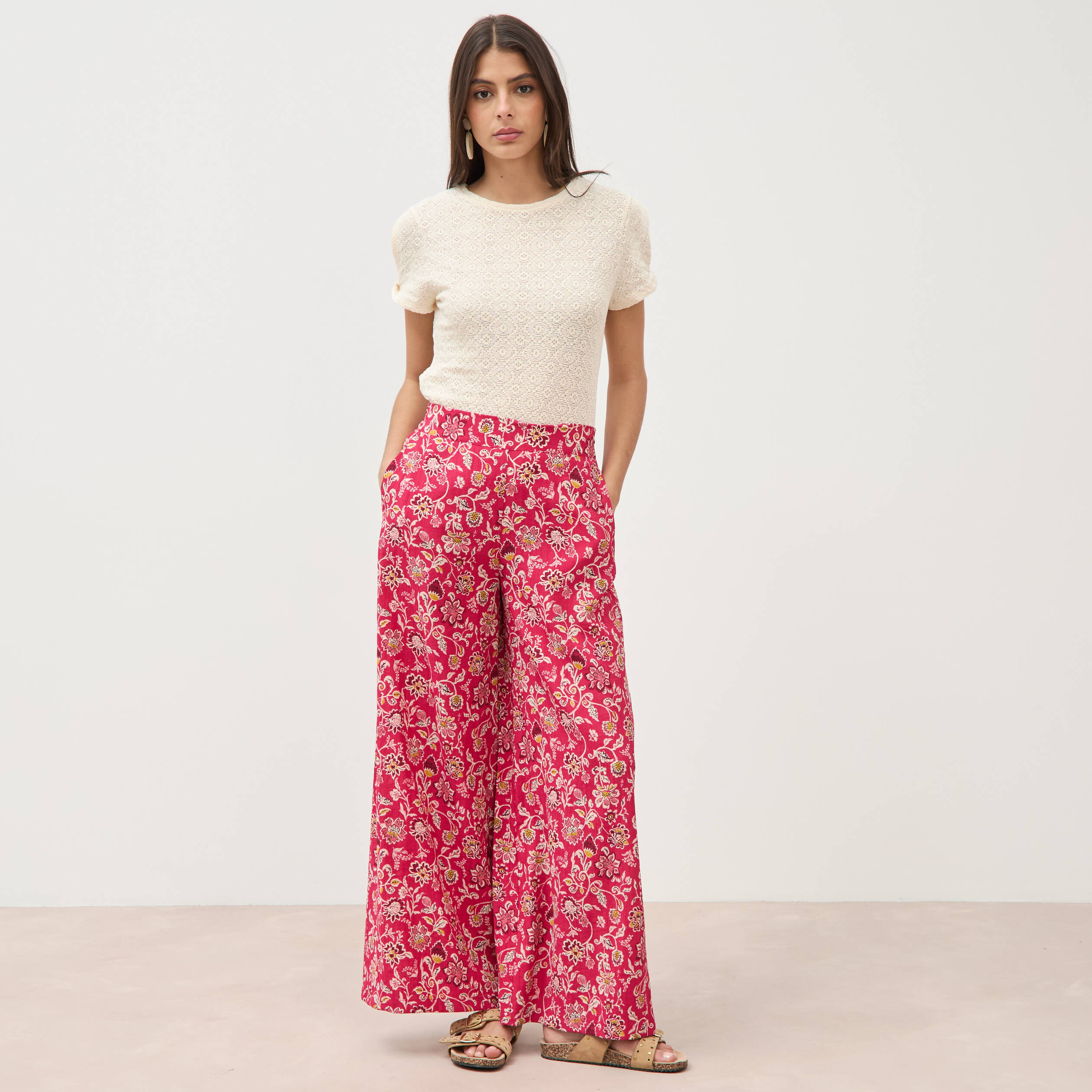 Pantalon large taille haute rouge cerise femme