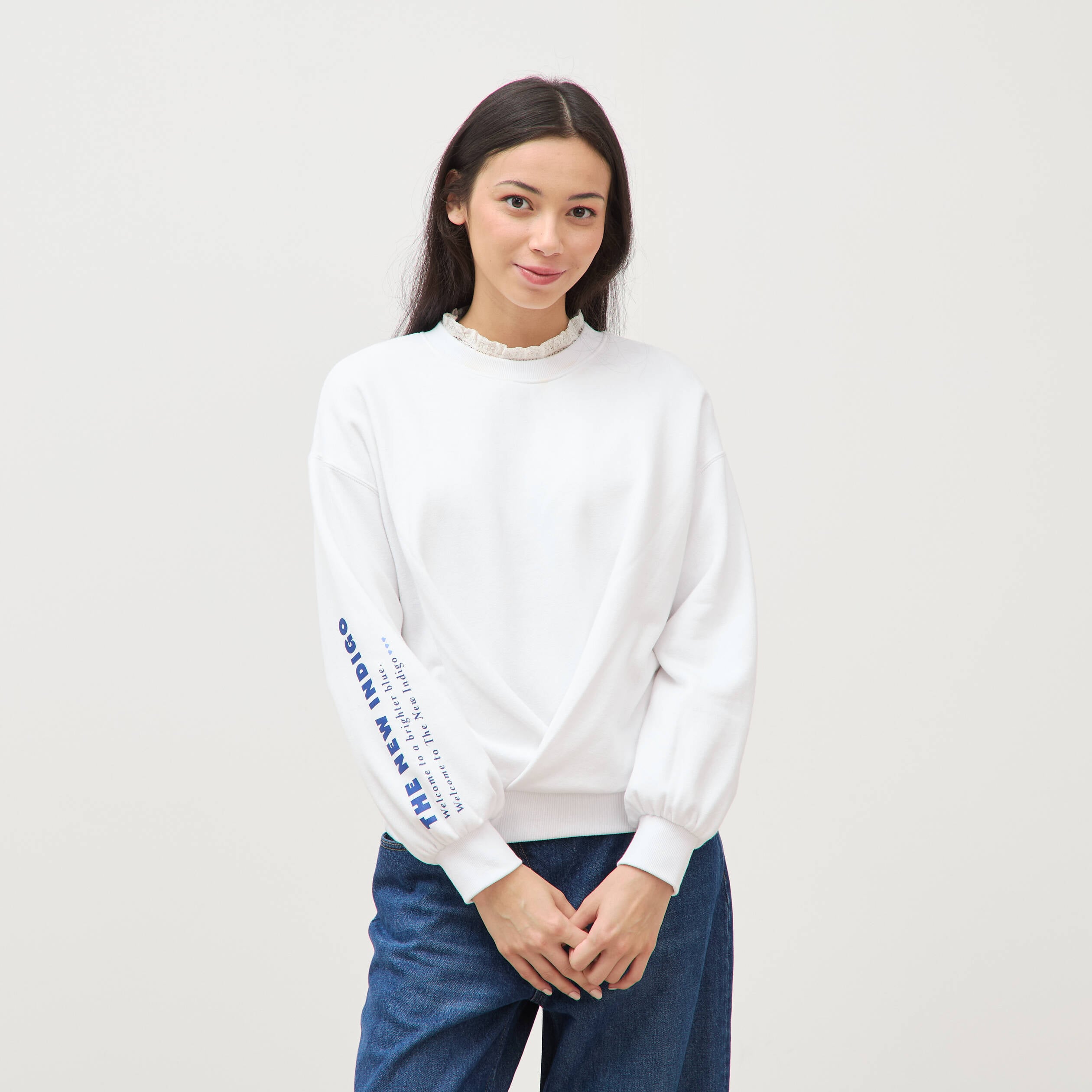 Sweat droit col rond manches longues blanc femme