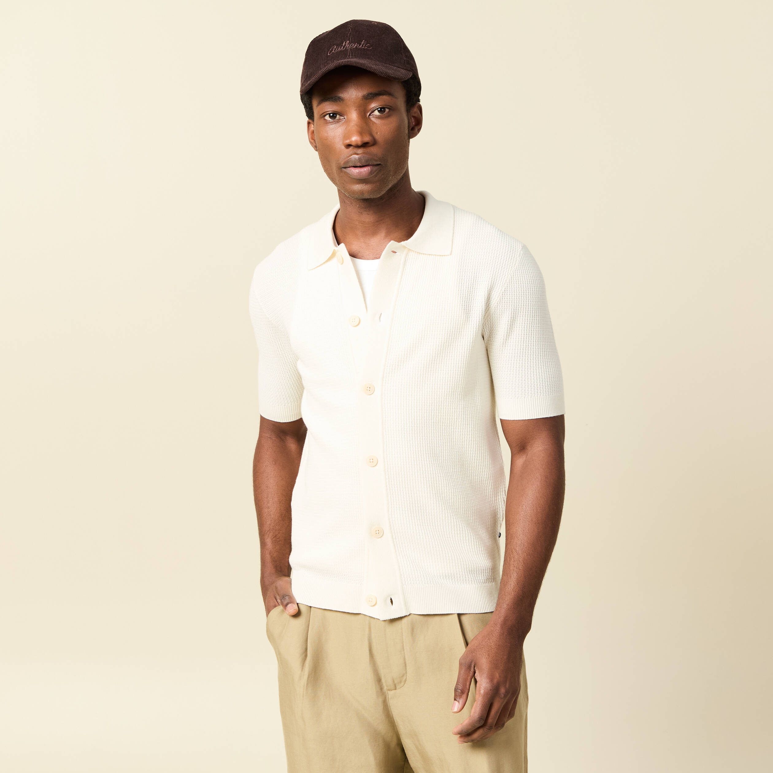 Chemise manches courtes col polo ecru homme