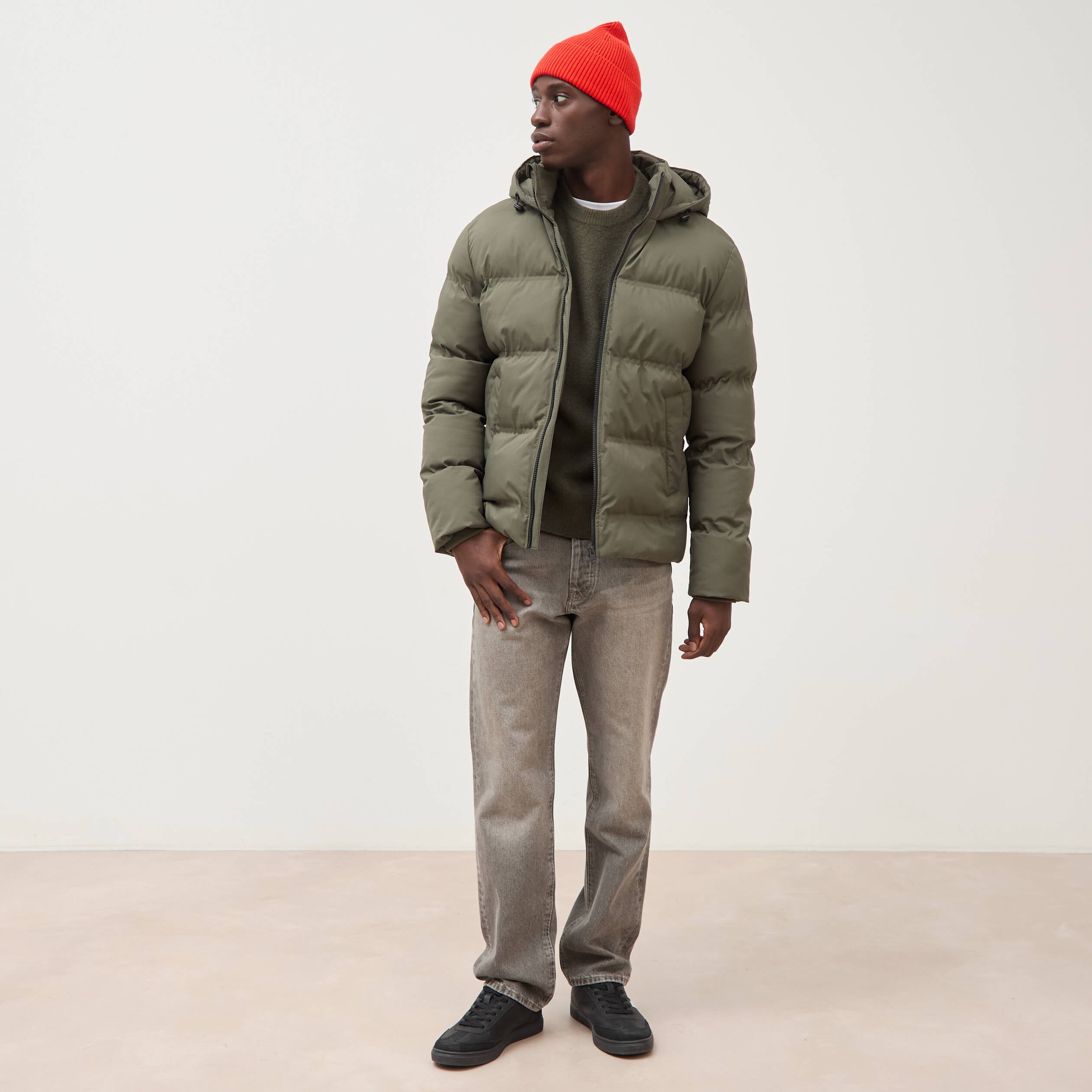 Pull droit col rond manches longues vert kaki homme