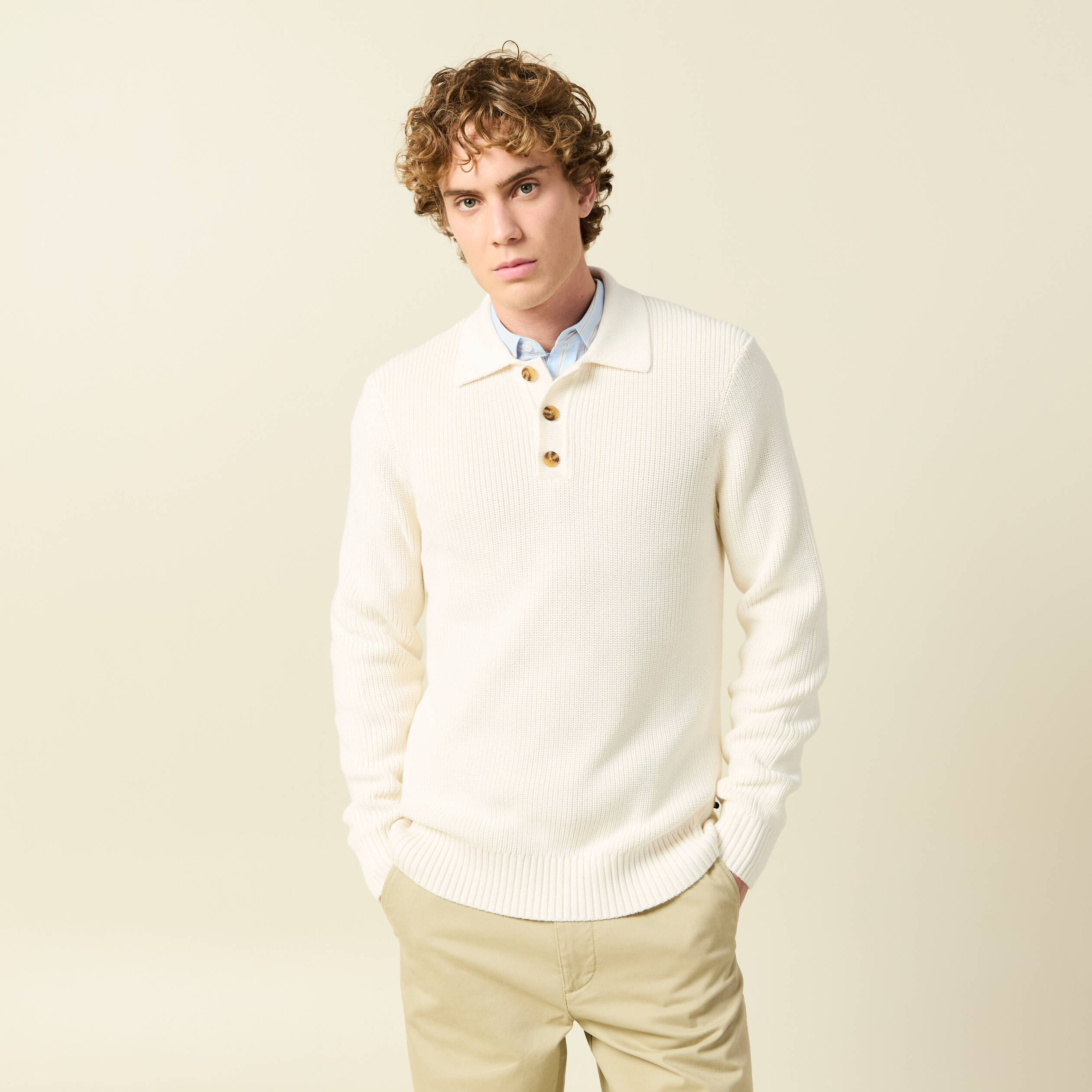 Polo manches longues ecru homme