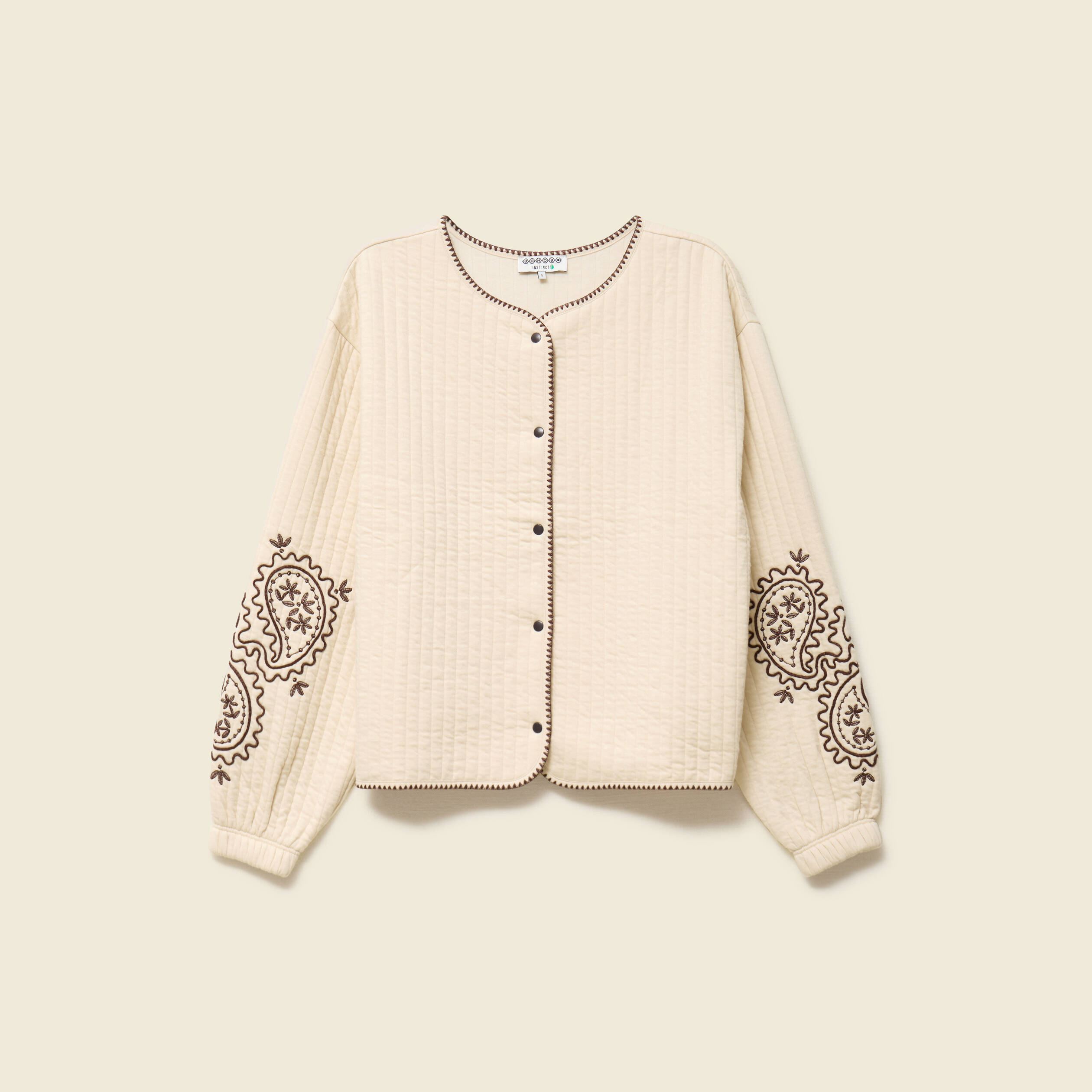 Cardigan droit court col rond brod&eacute; ivoire femme