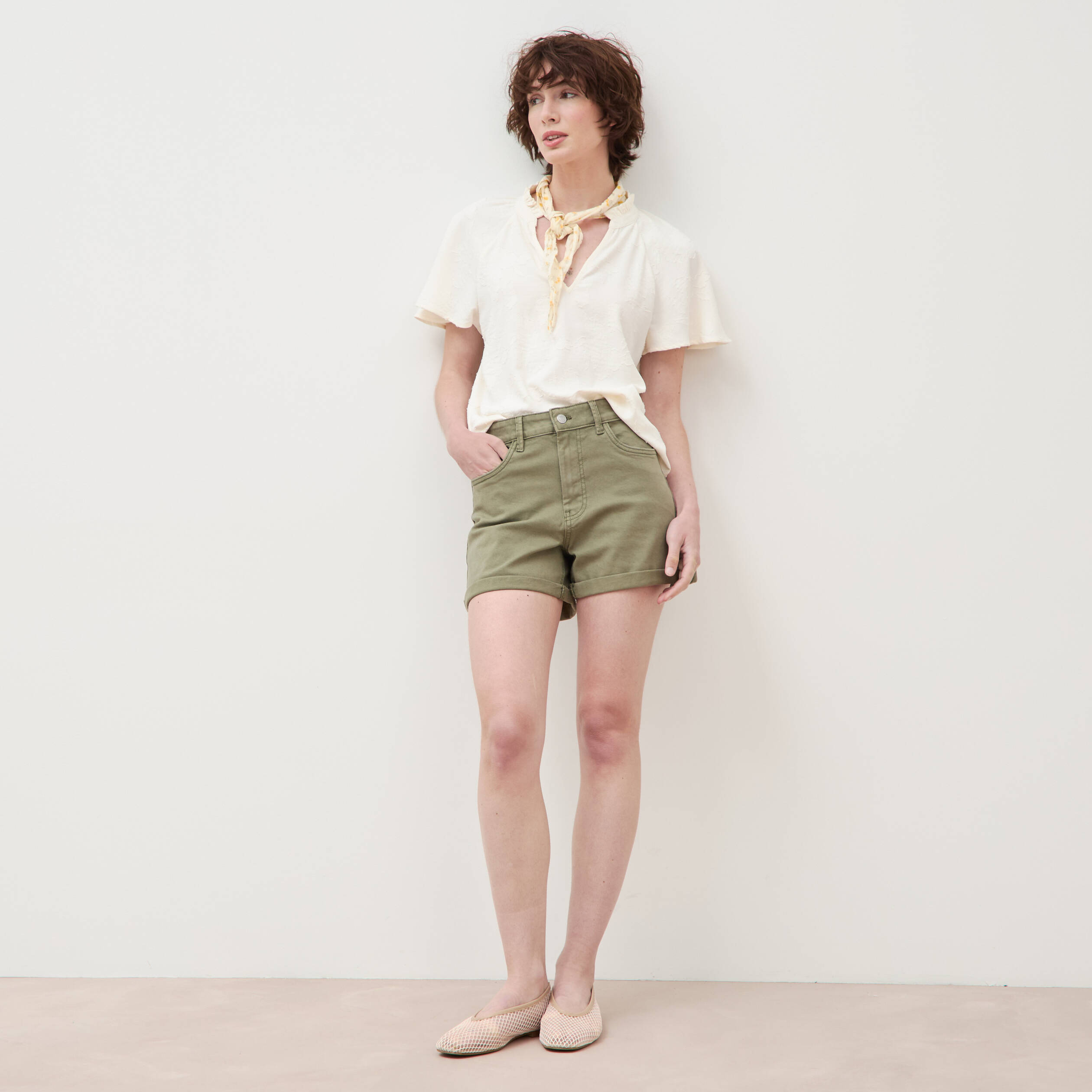 Short mom taille haute vert kaki femme