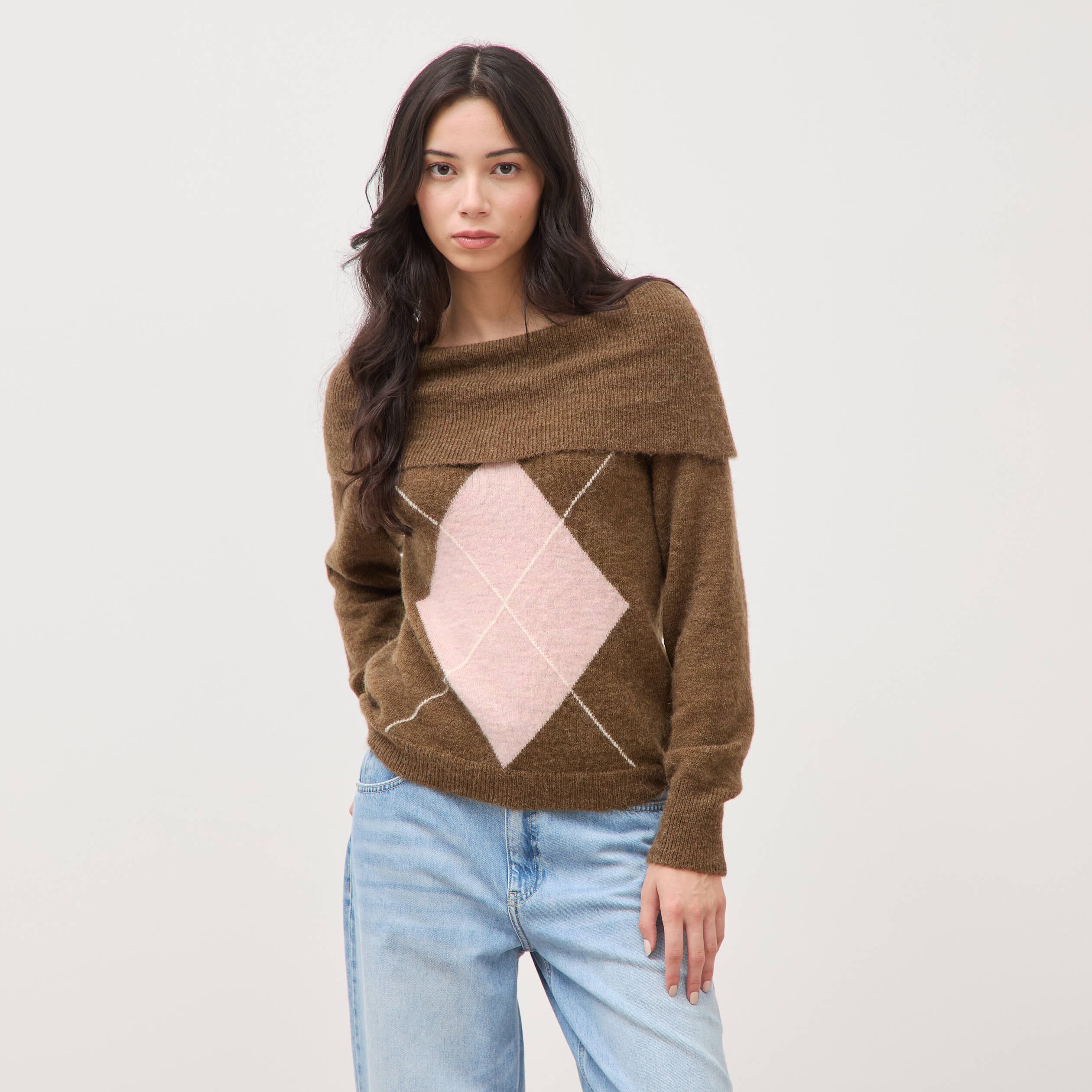 Pull droit manches longues bardot marron femme