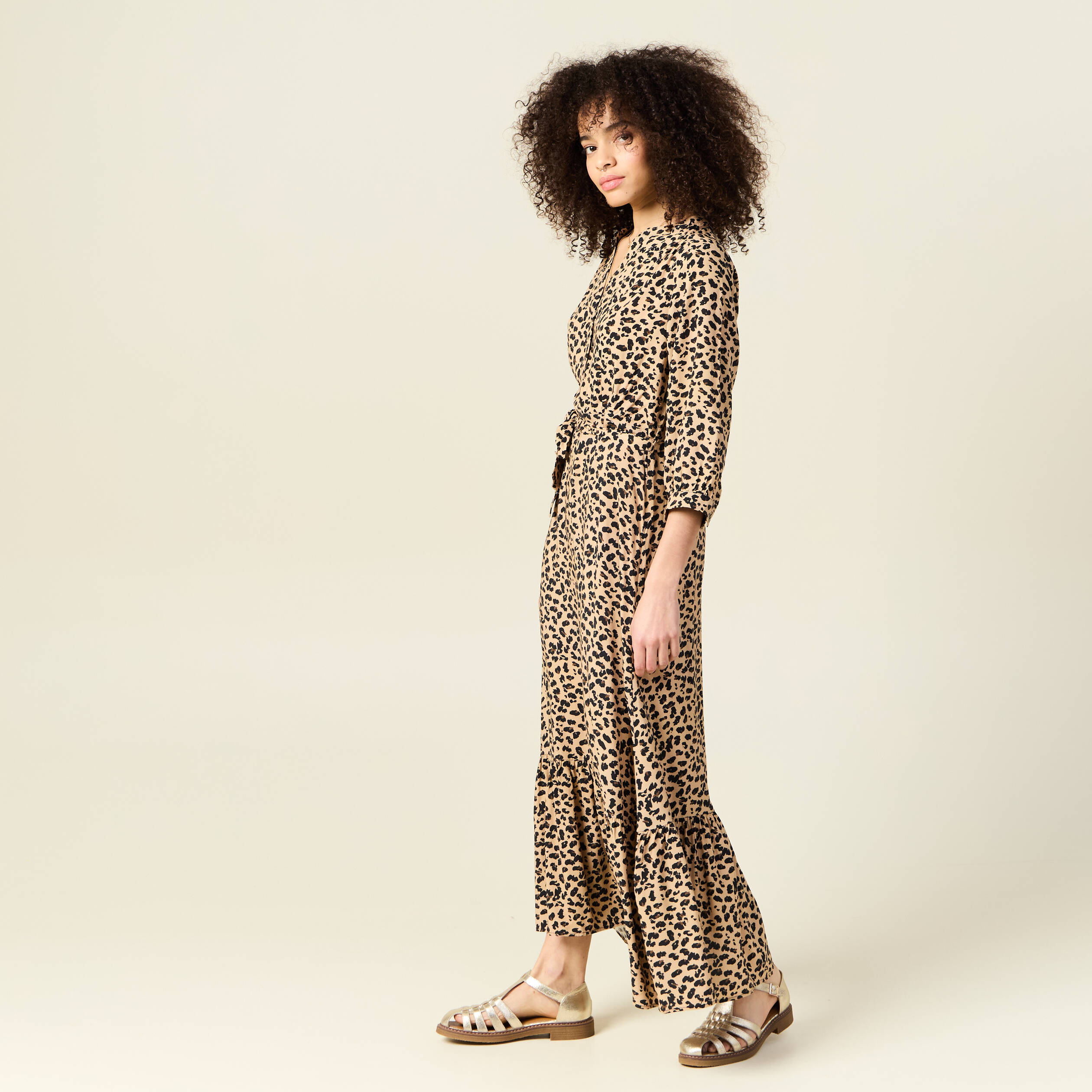 robe longue droite manches 34 marron clair femme Robe longue droite manches 3/4 marron clair femme