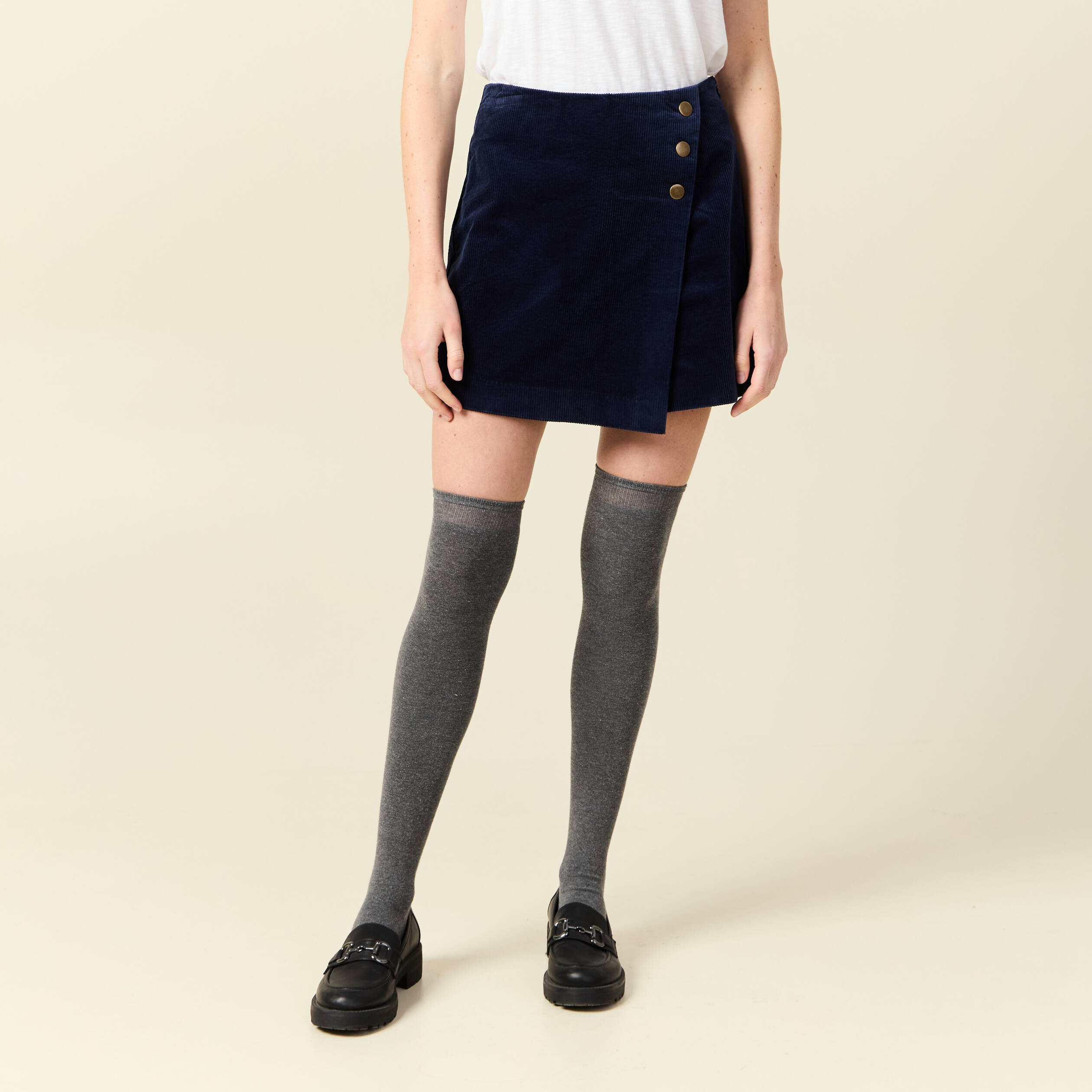 Jupe-short taille haute en velours bleu marine femme