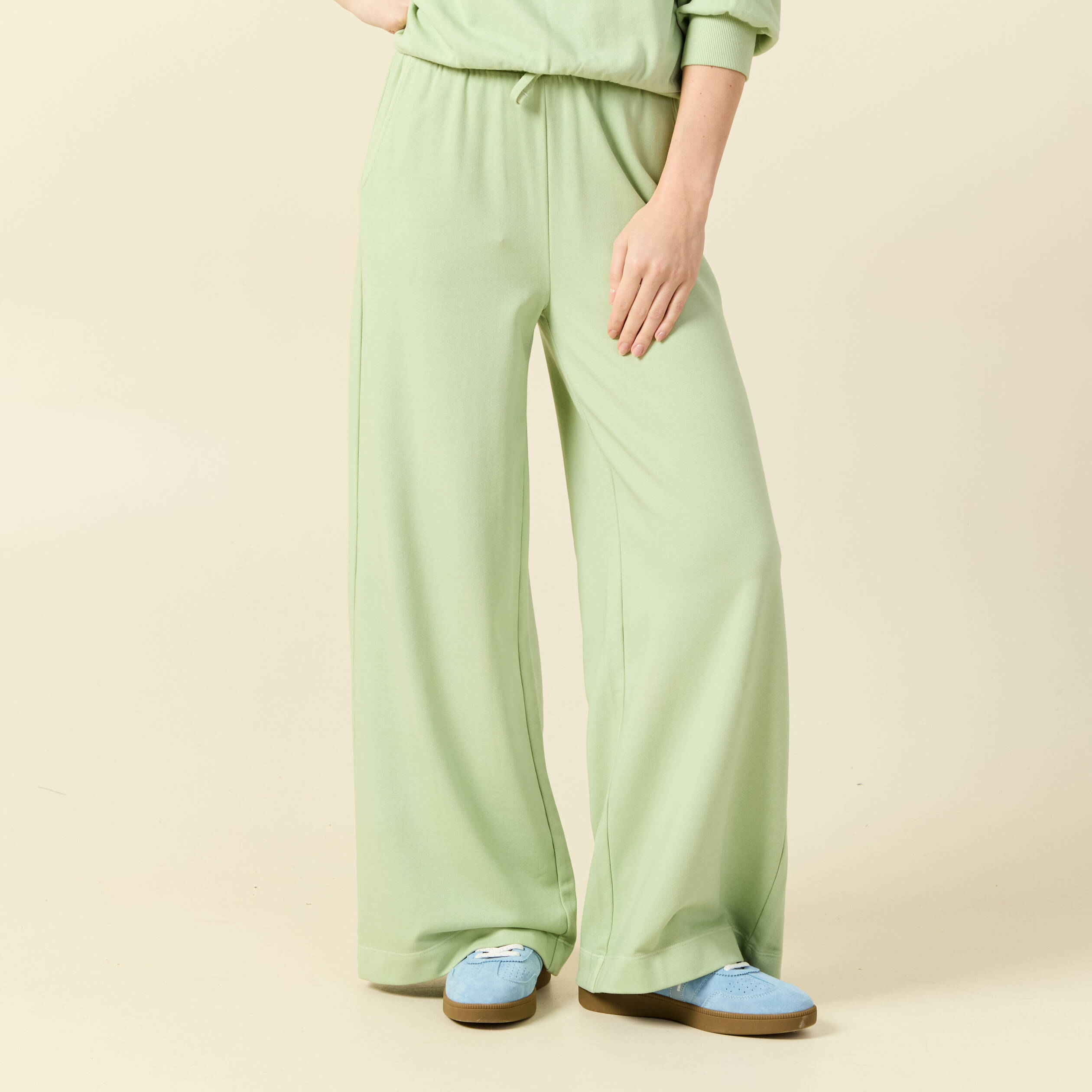 Pantalon large taille haute fluide vert clair femme