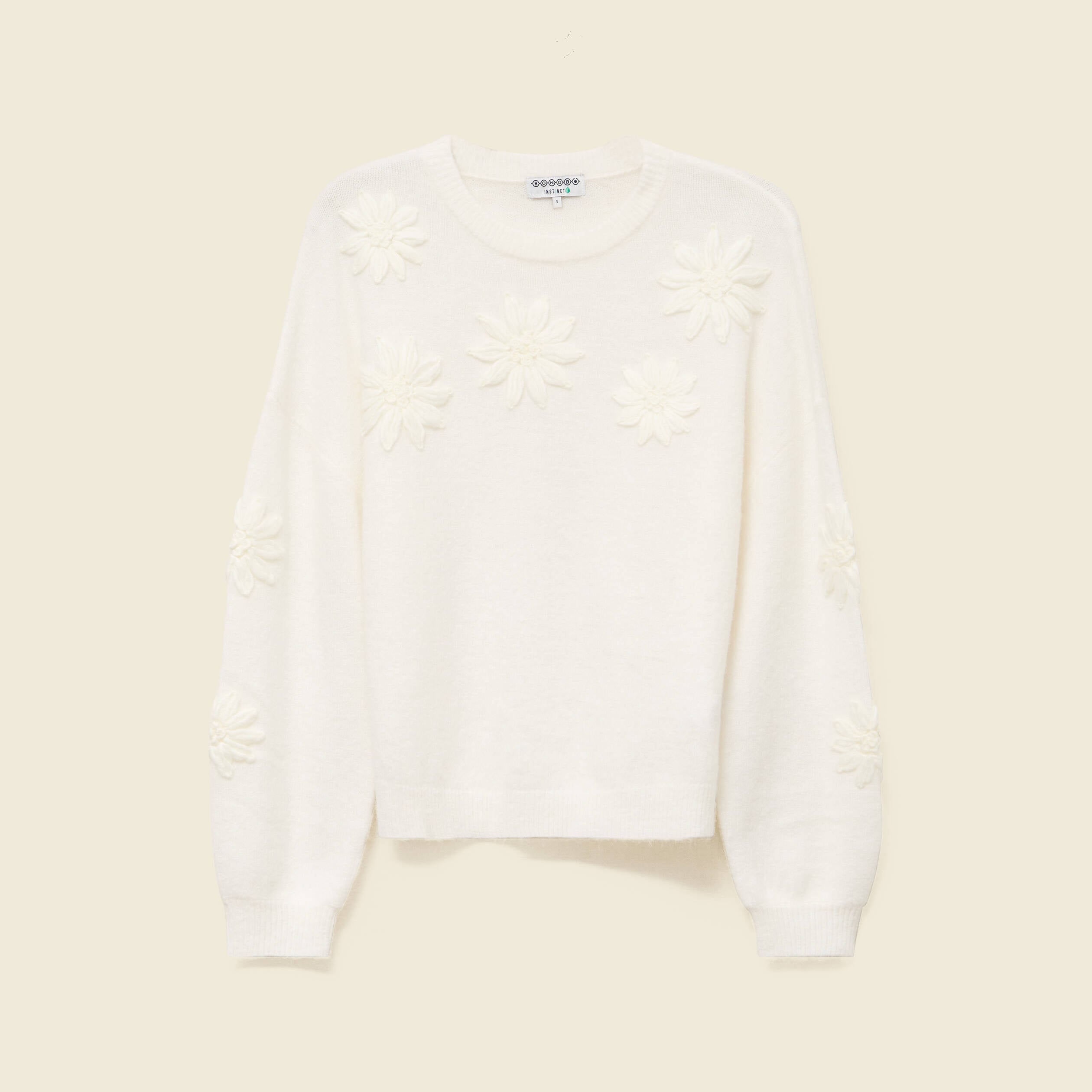 Pull manches longues col rond ecru femme