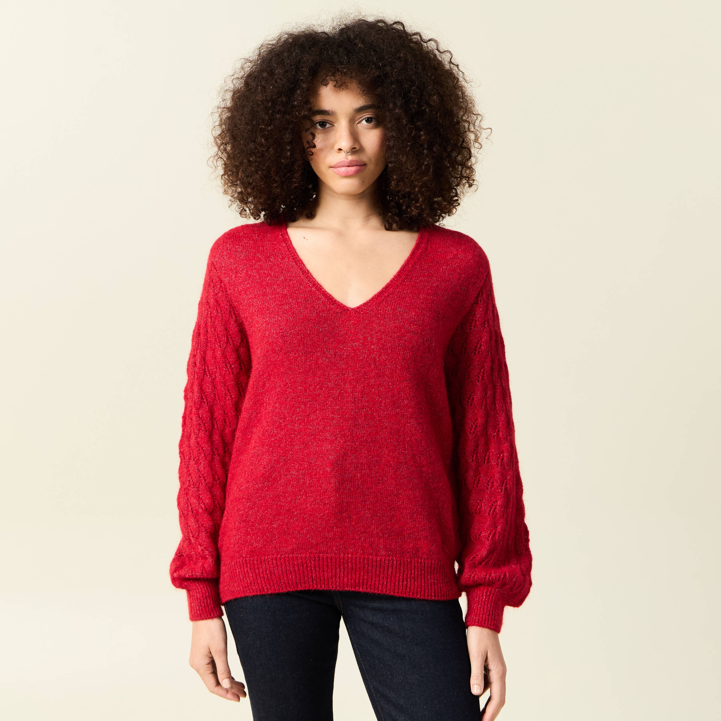 pull ajoure col v manches longues rouge femme Pull ajouré col V manches longues rouge femme