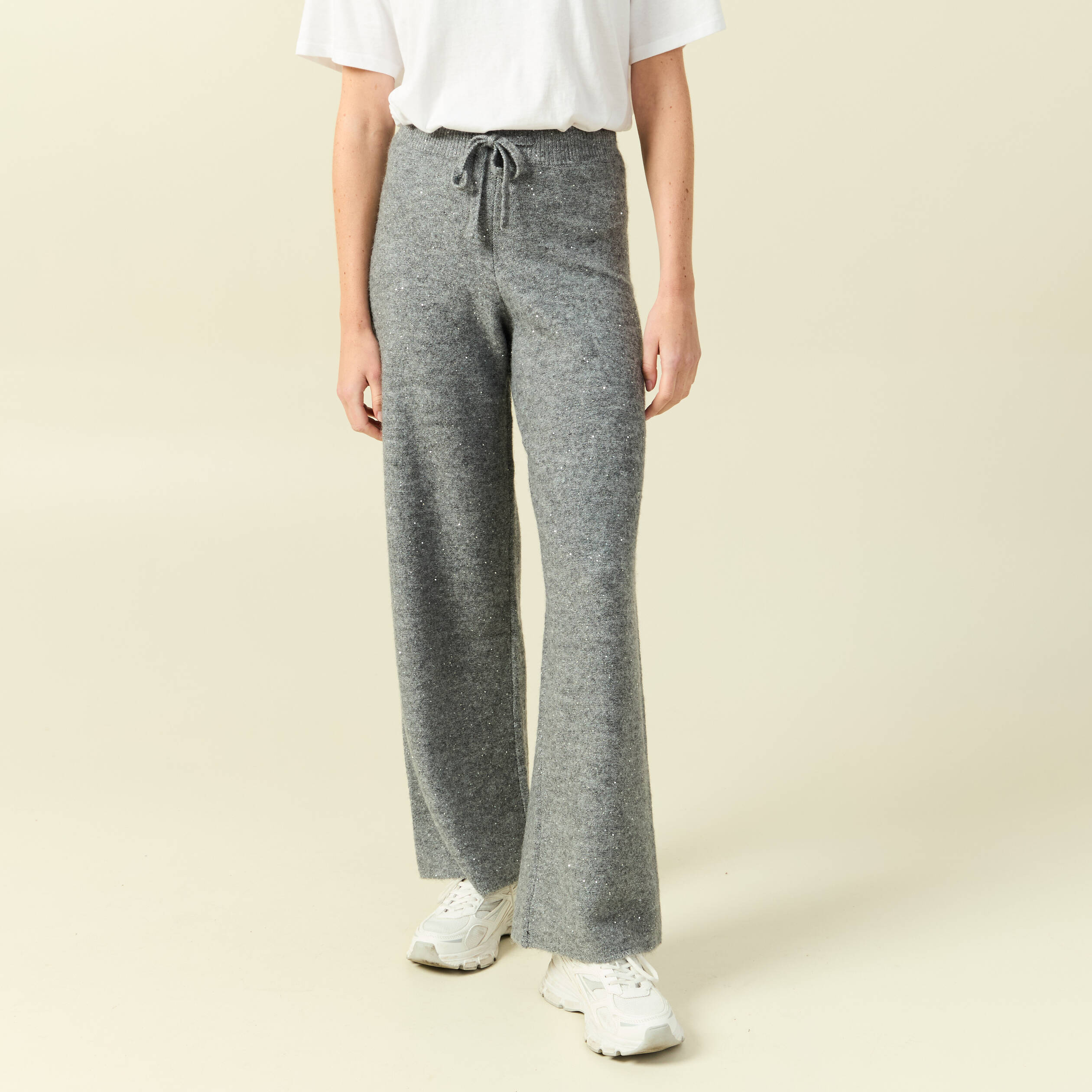 Pantalon large taille haute en maille gris femme