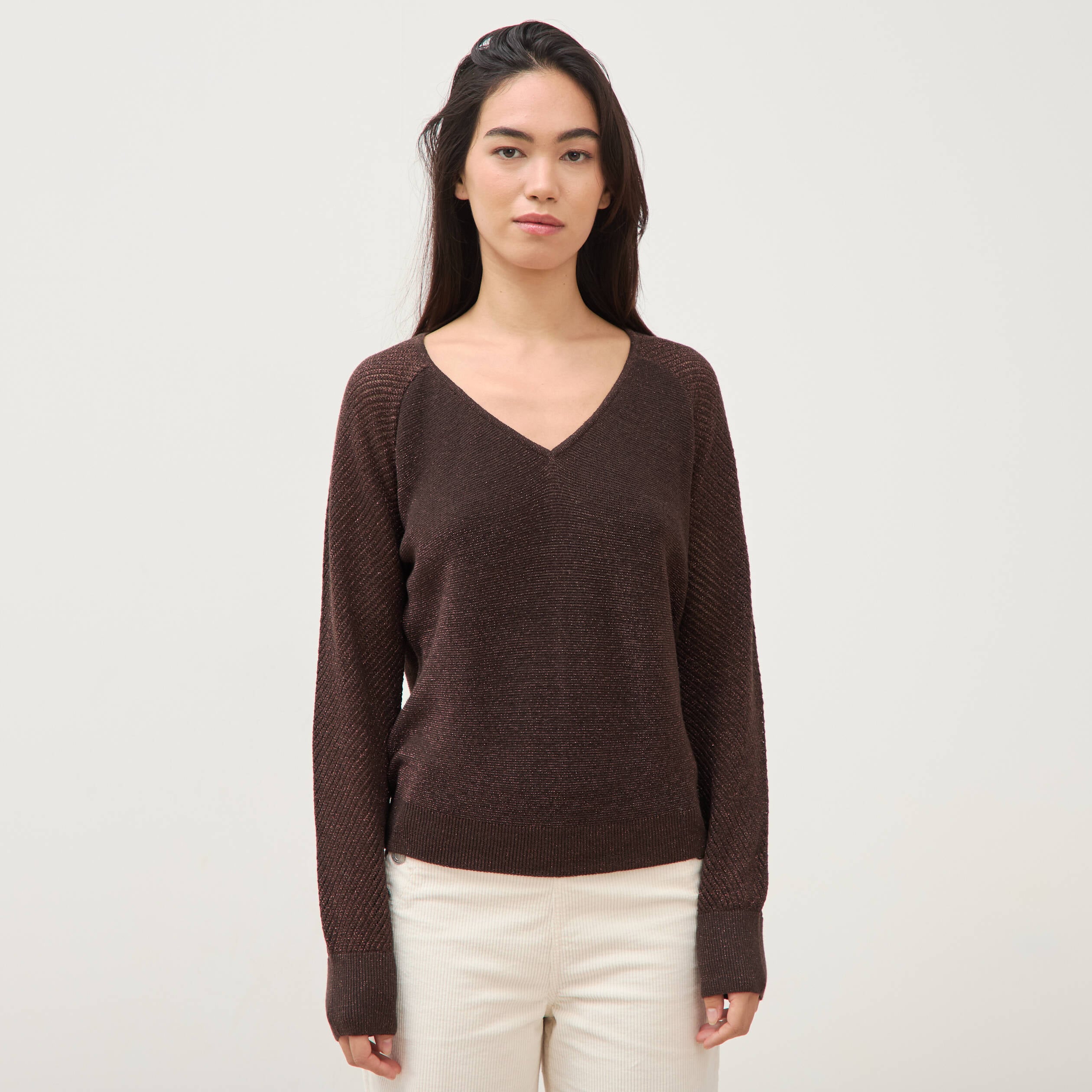 Pull droit col v manches longues marron femme