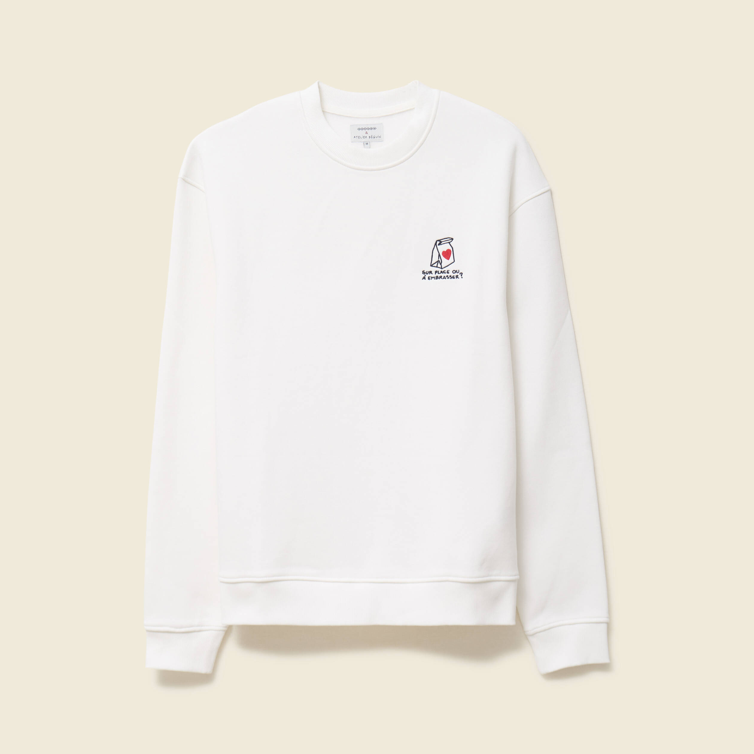 Sweat ras de cou manches longues brod&eacute; ecru homme