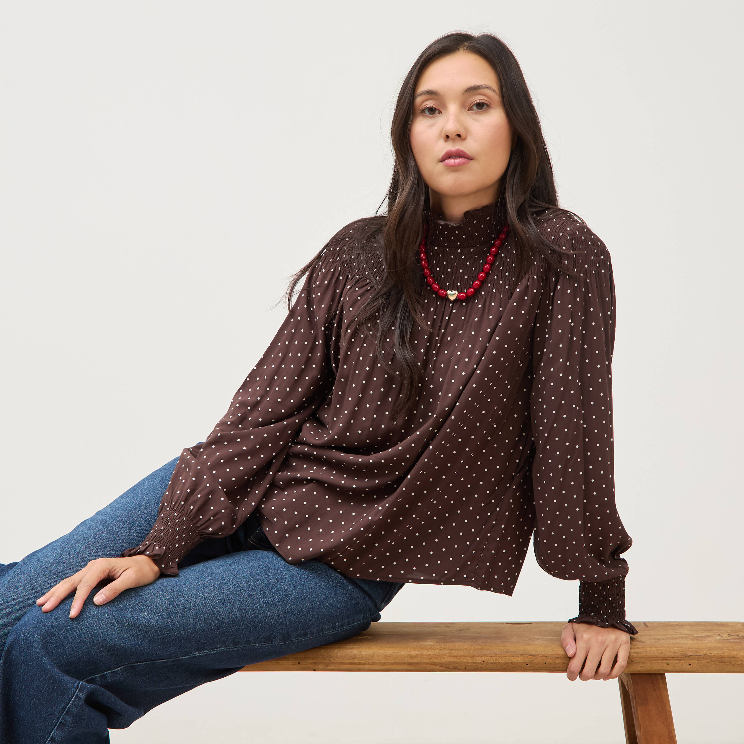 Blouse droite manches longues marron fonc&eacute; femme