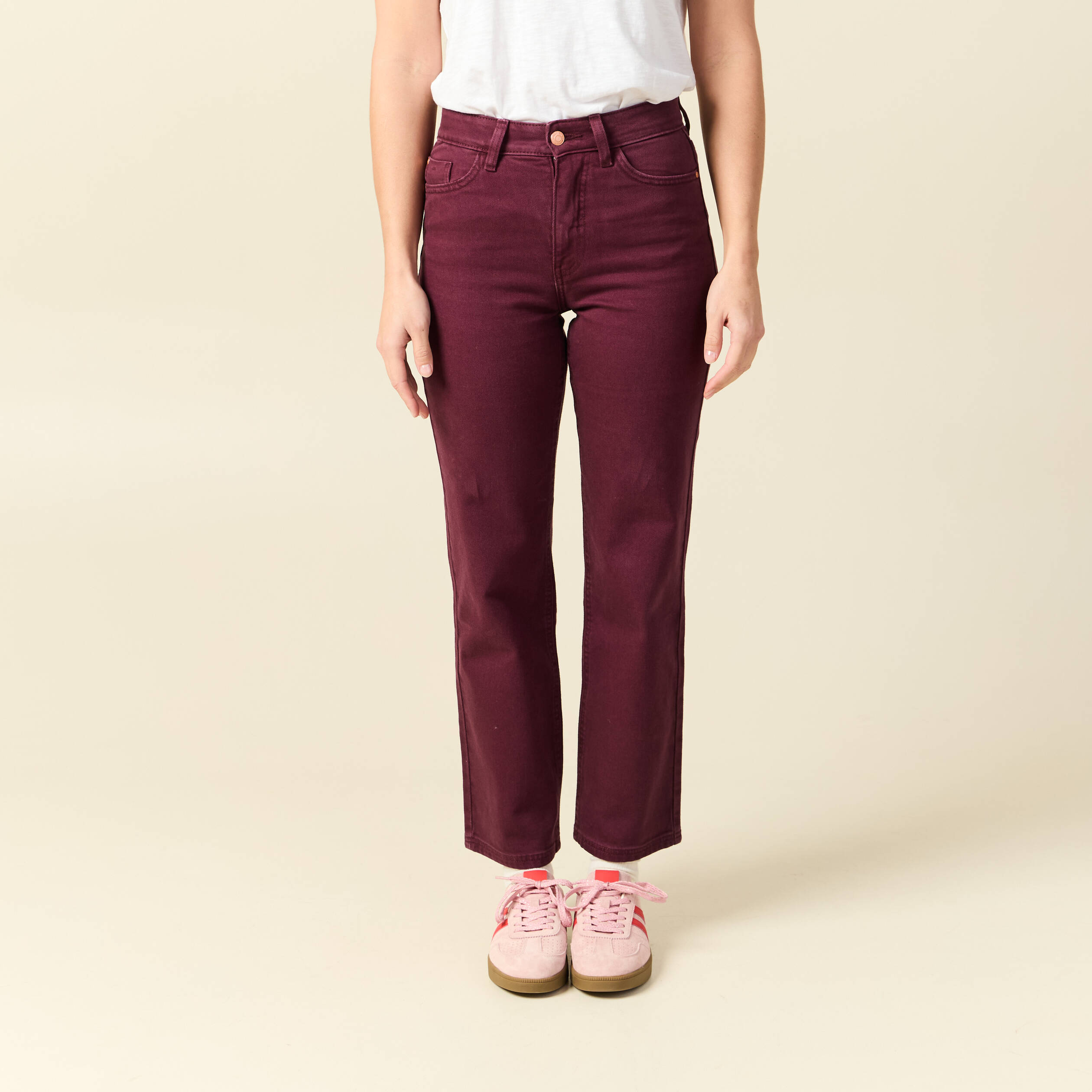 Jeans droit 7/8&egrave;me taille standard bordeaux femme