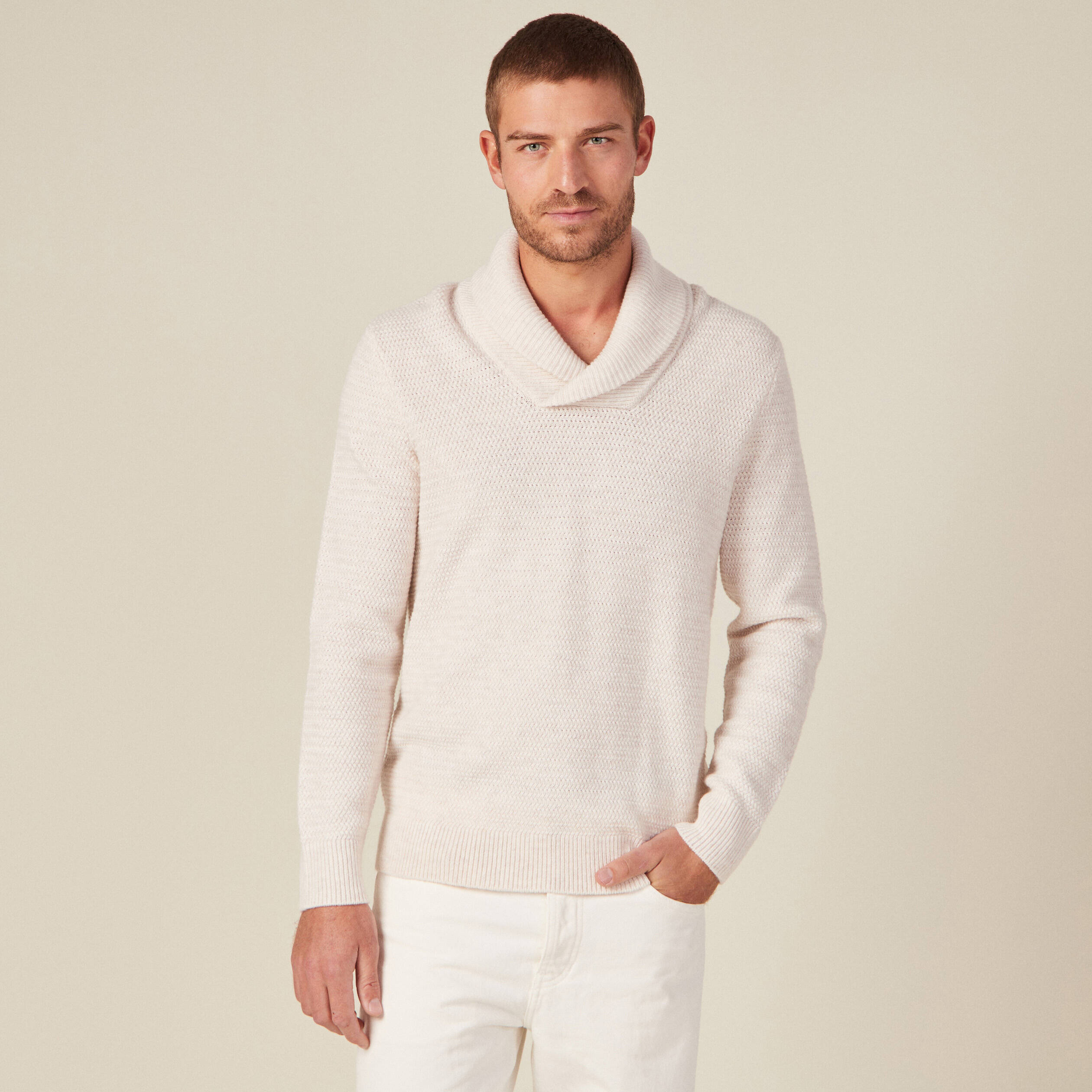 Pull manches longues col ch&acirc;le ecru homme