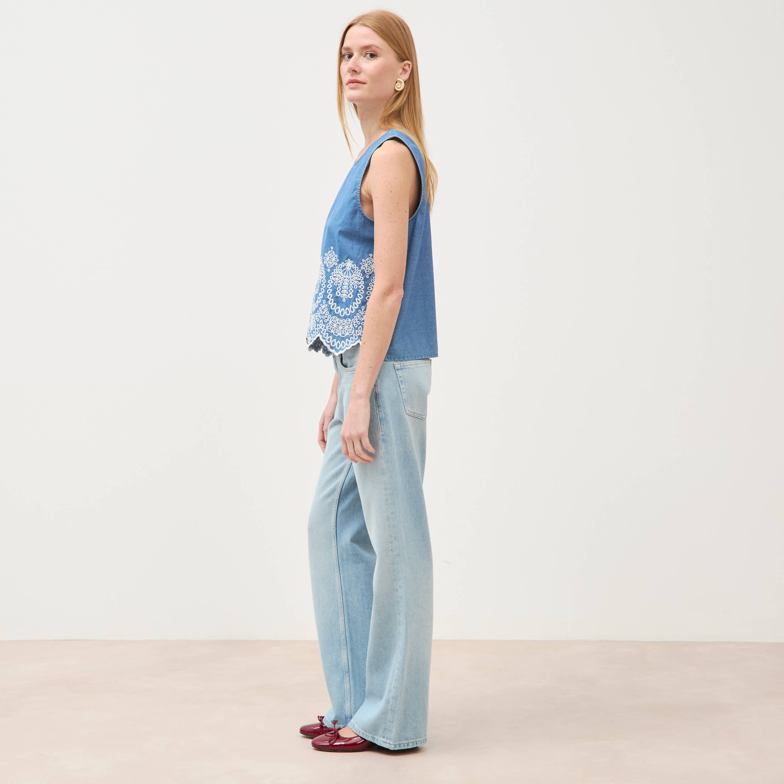 Top en jeans sans manches col rond bleu clair femme