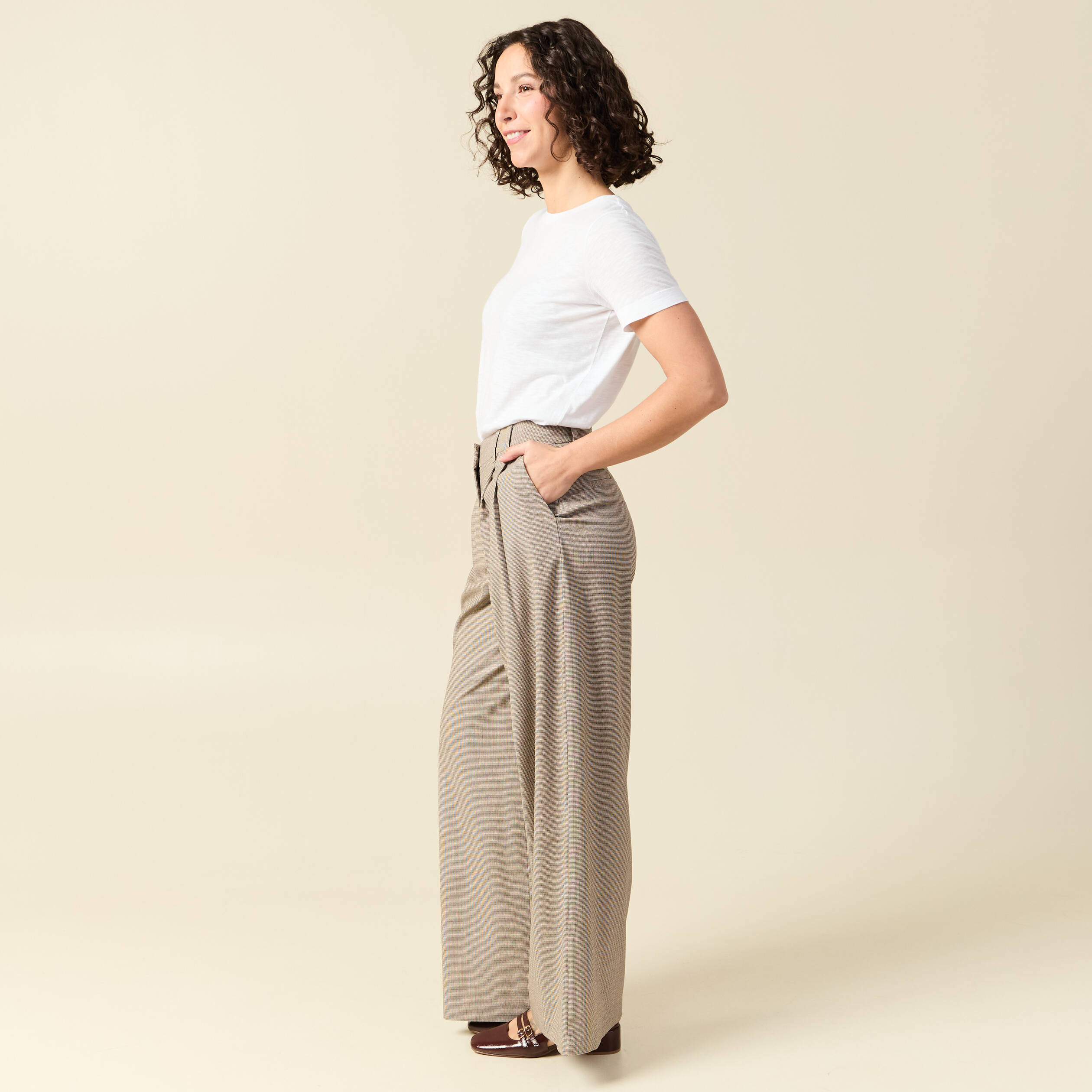 Pantalon large taille haute fluide beige femme