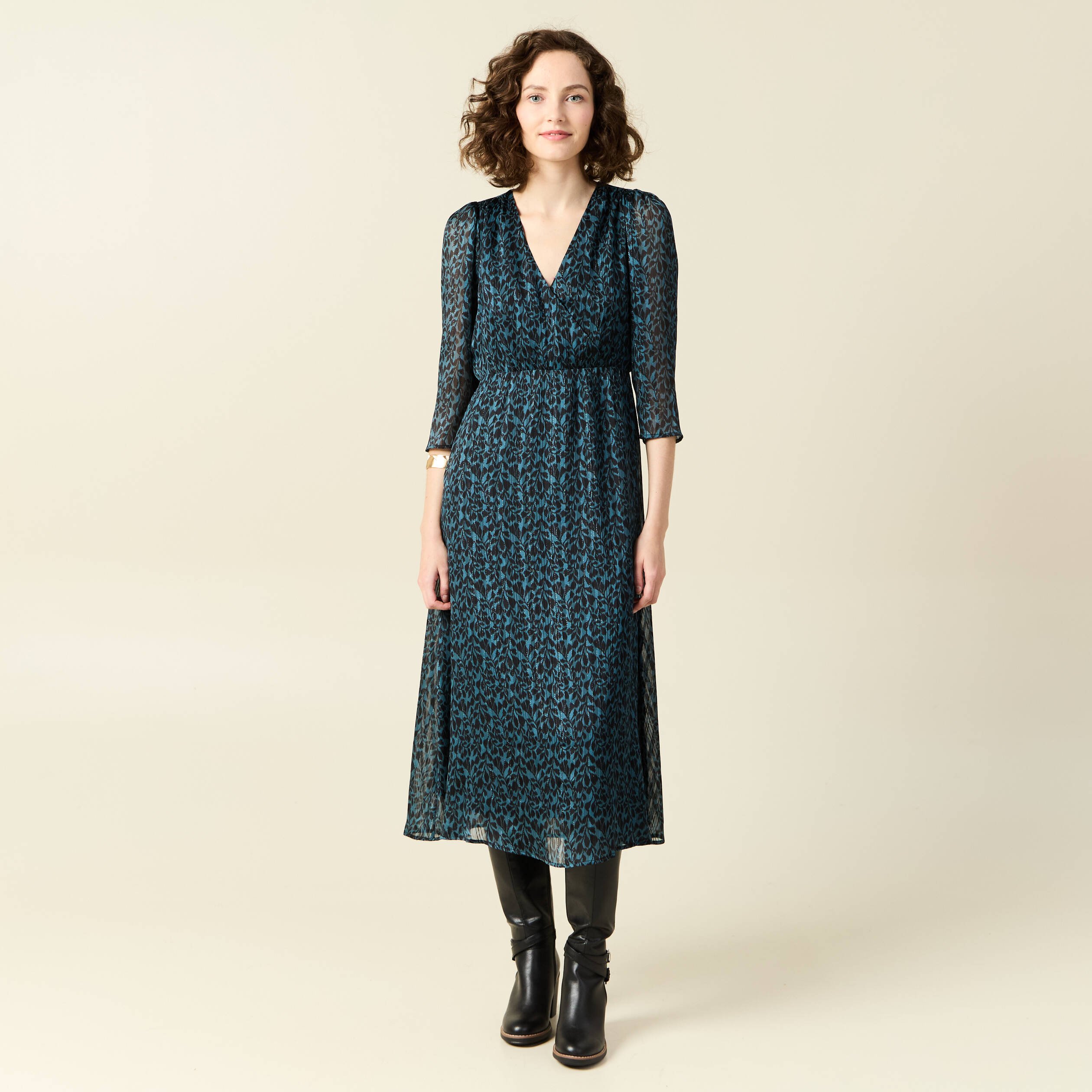 robe longue evasee manches 34 bleu canard femme Robe longue évasée manches 3/4 bleu canard femme