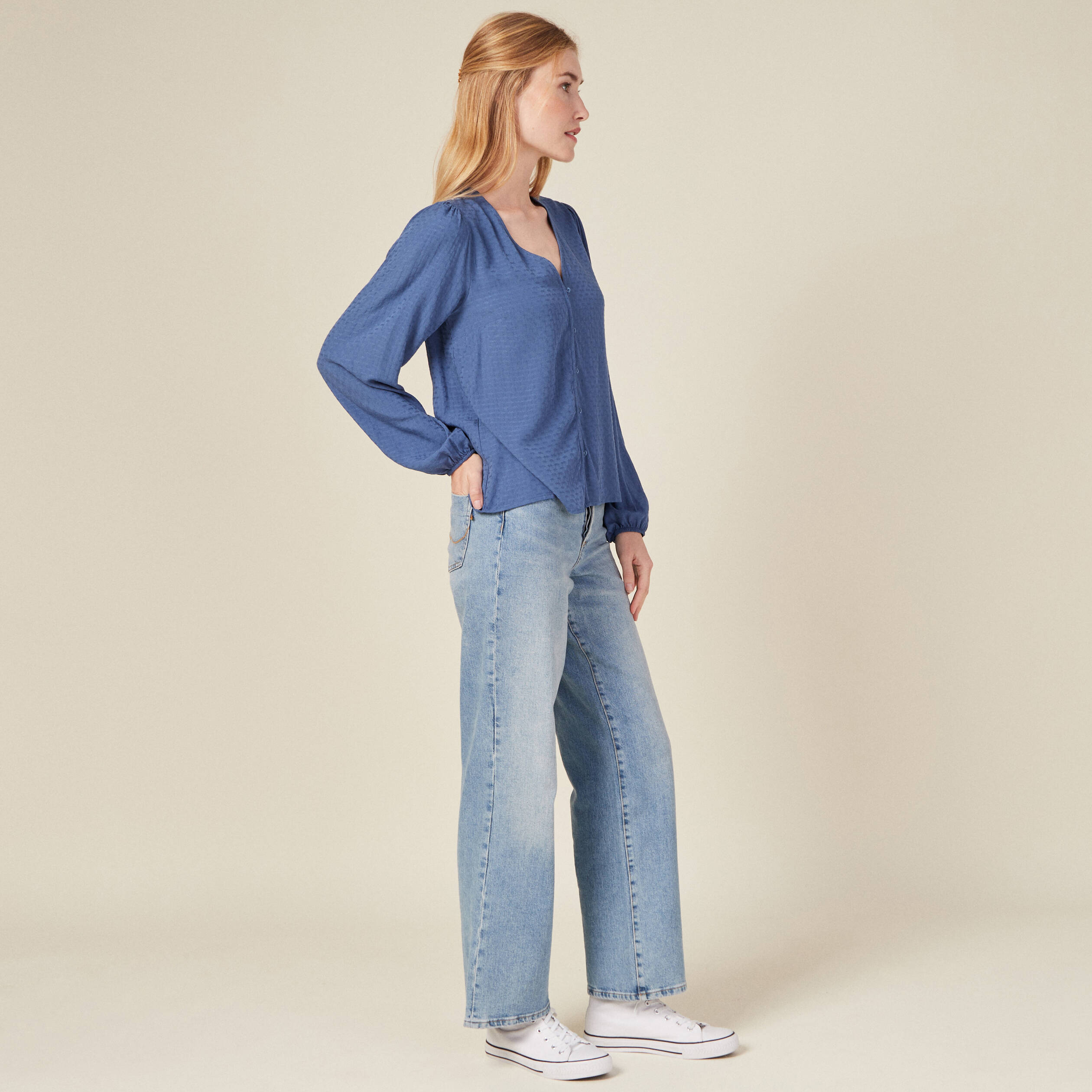 Chemise manches longues bleu ciel femme
