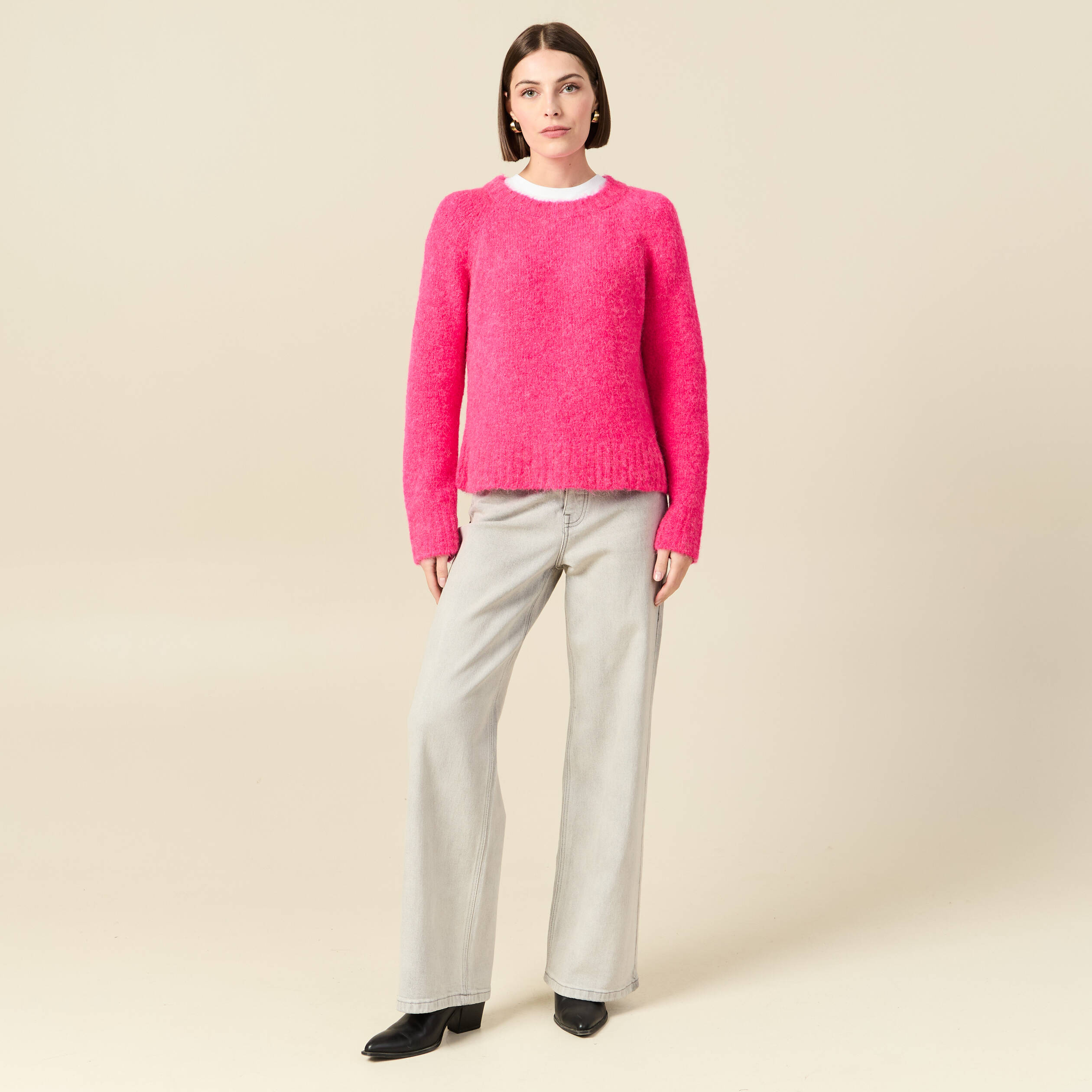 Pull manches longues col rond rose femme