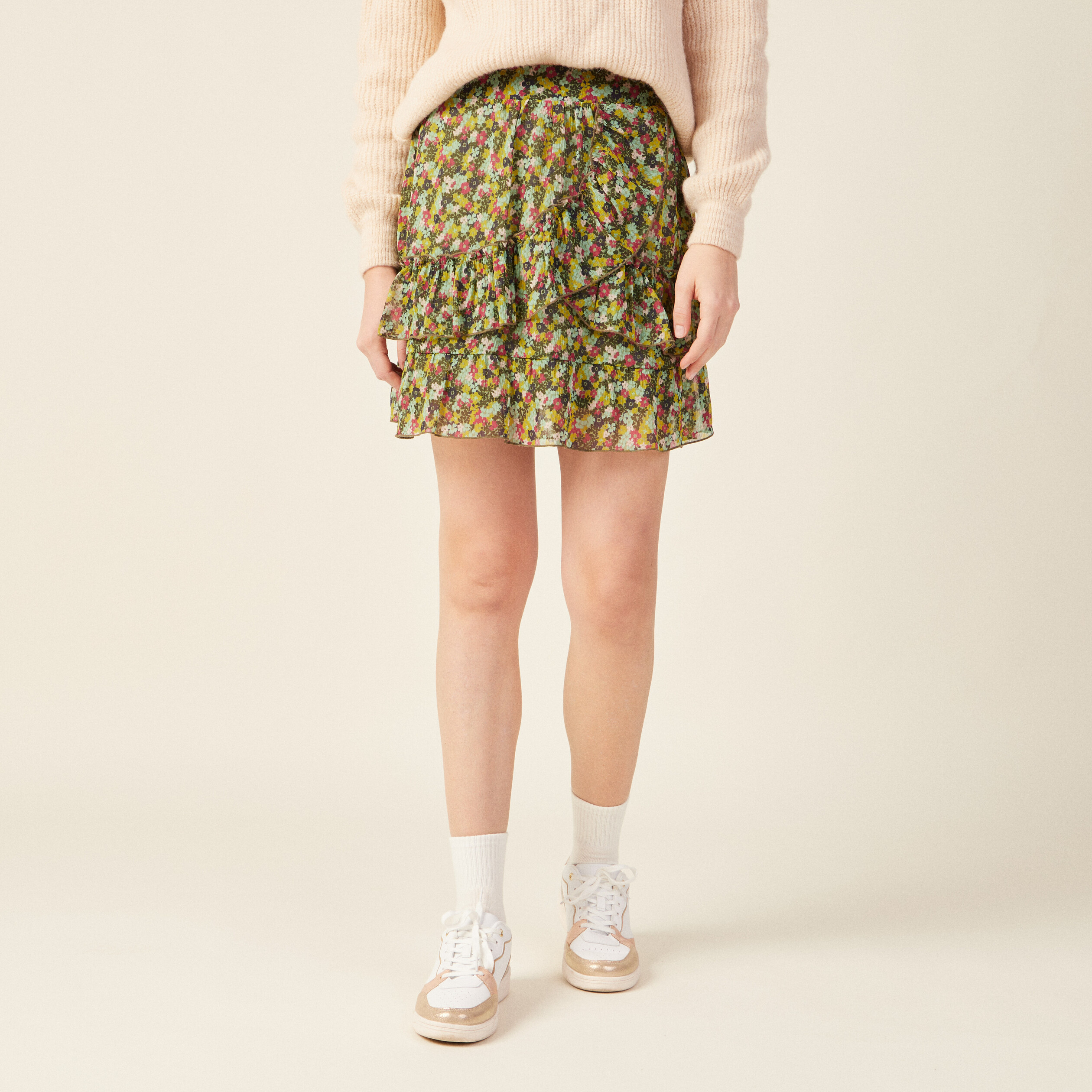 jupe droite volantee vert kaki femme Jupe droite volantée vert kaki femme