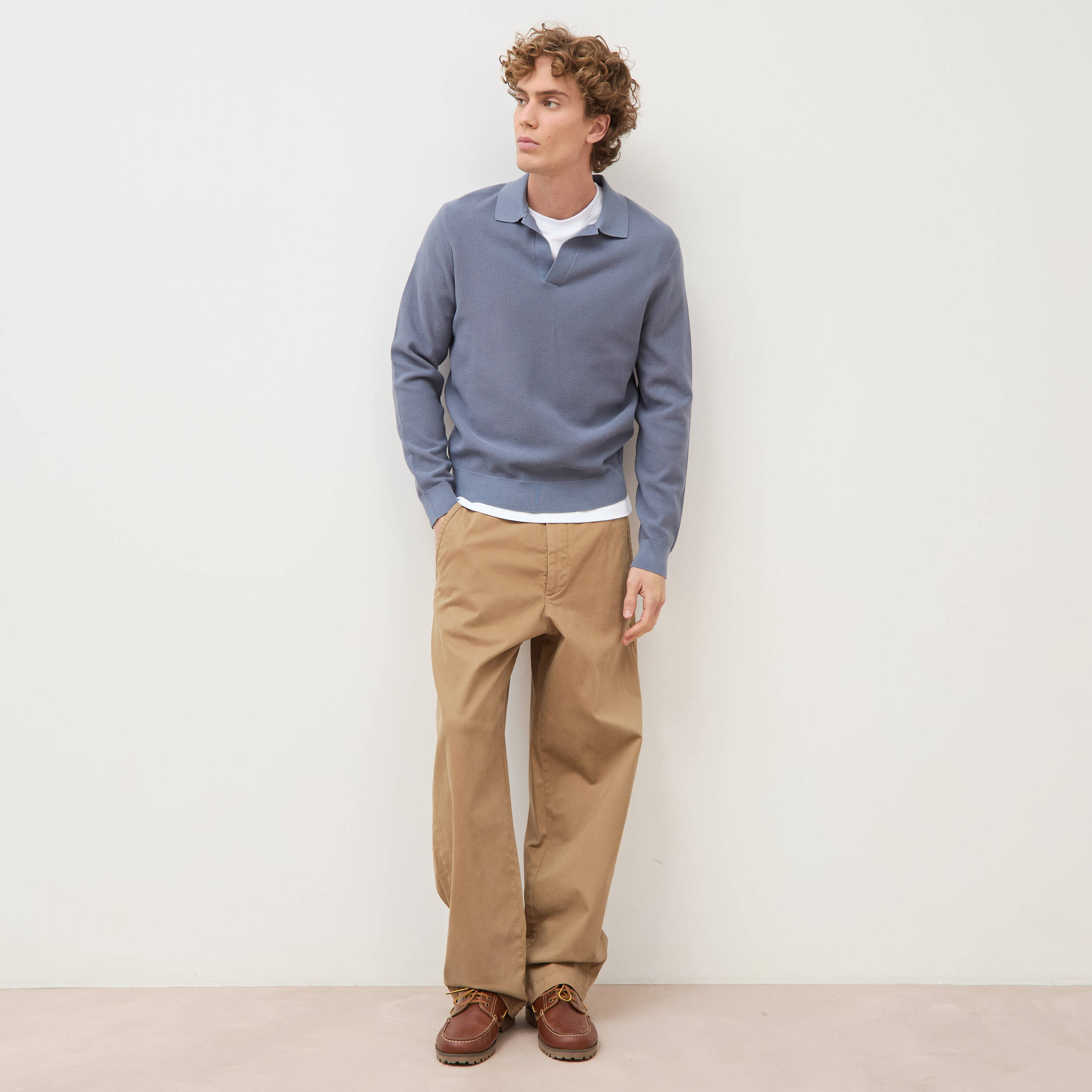 Pull droit col polo manches longues bleu gris homme