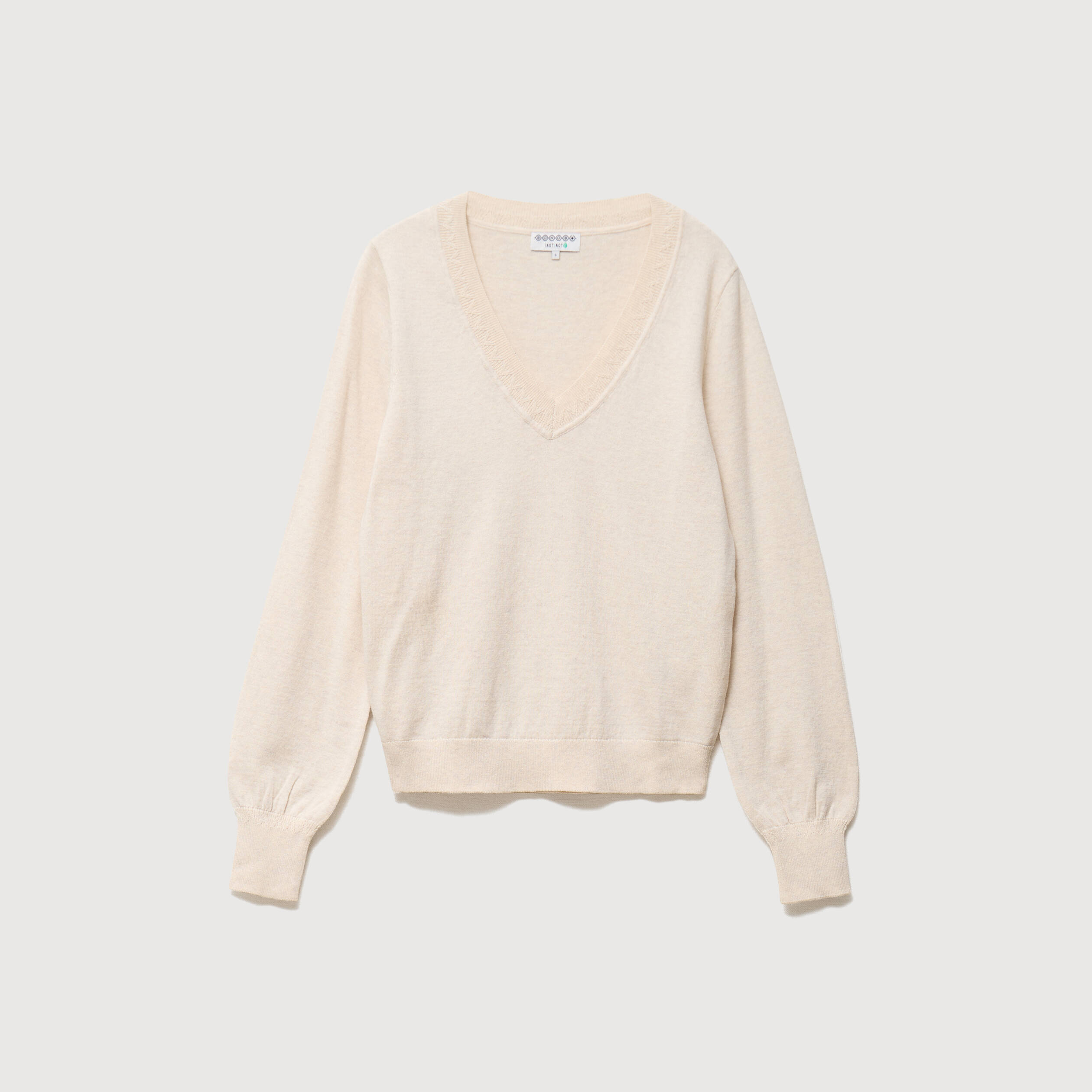 Pull droit col v manches longues creme femme