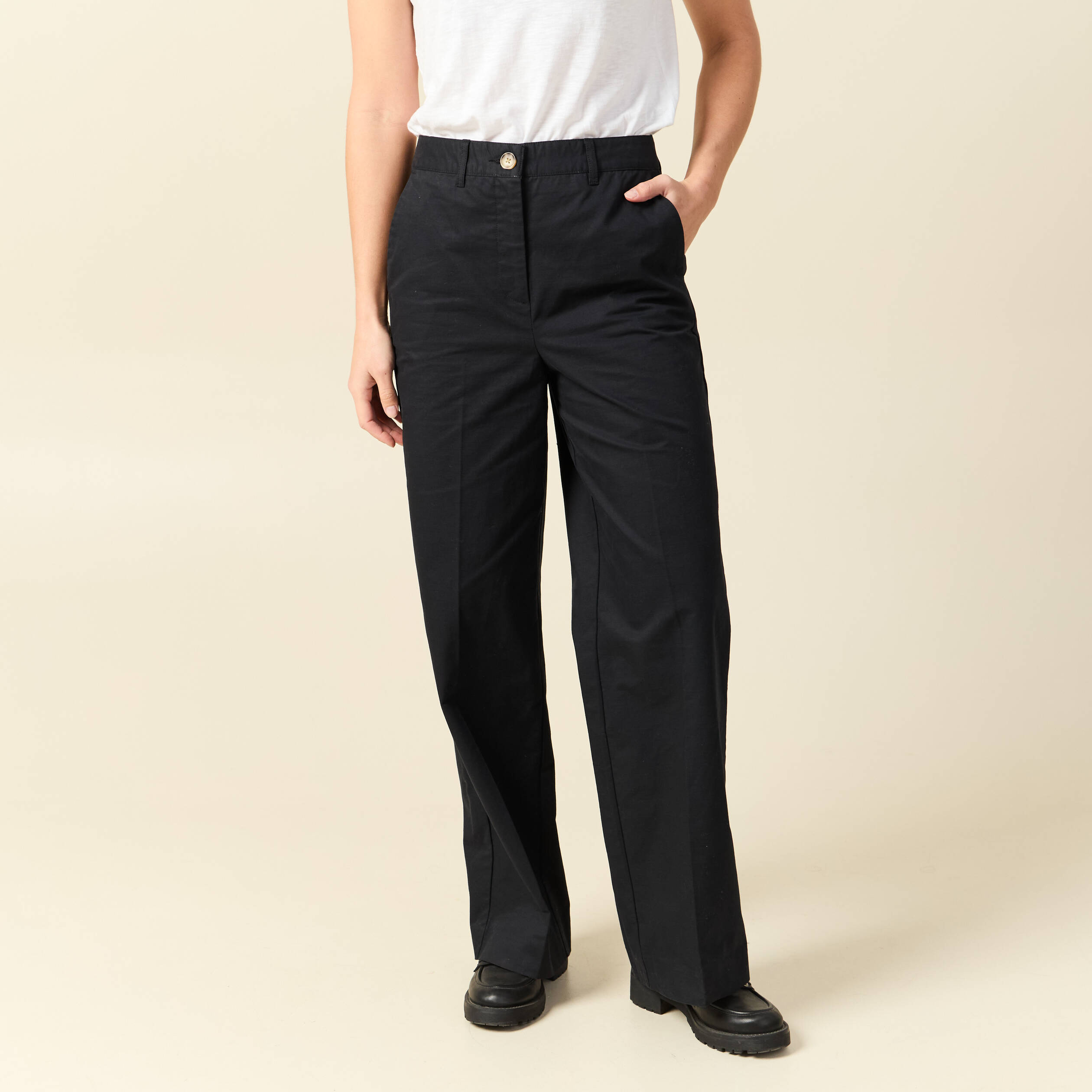 Pantalon large cropped taille haute noir femme