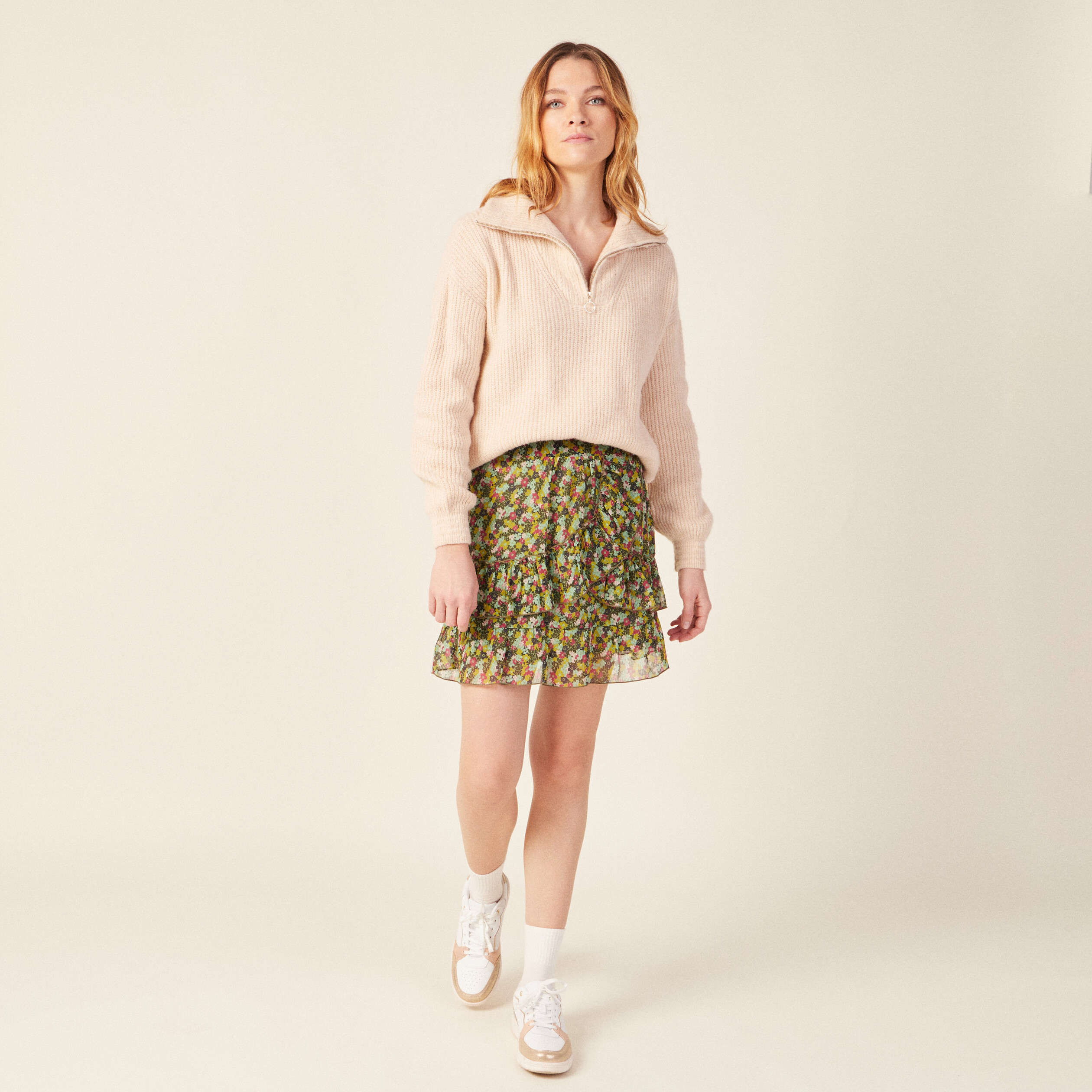 jupe droite volantee vert kaki femme Jupe droite volantée vert kaki femme