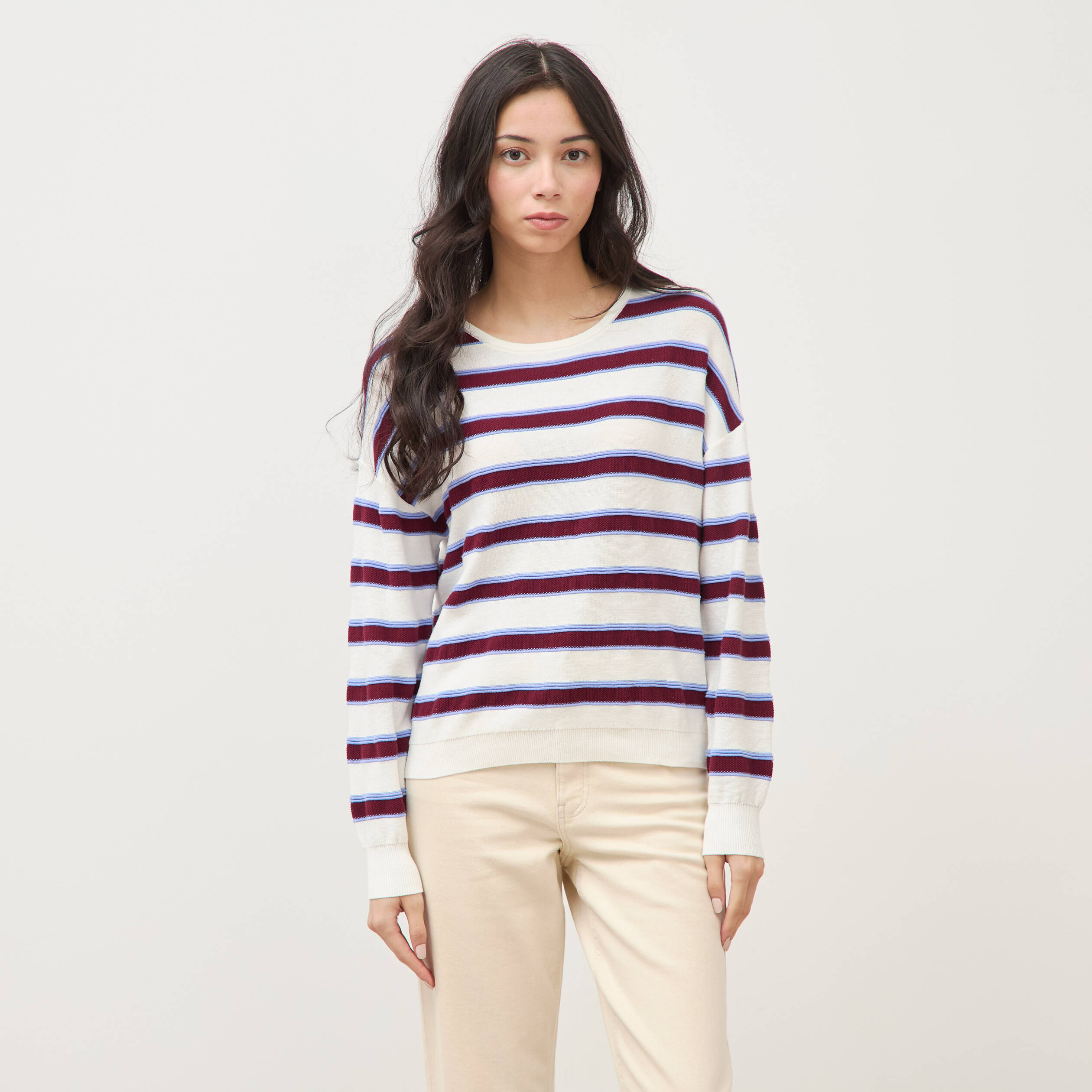Pull col rond manches longues en coton marron chocolat femme