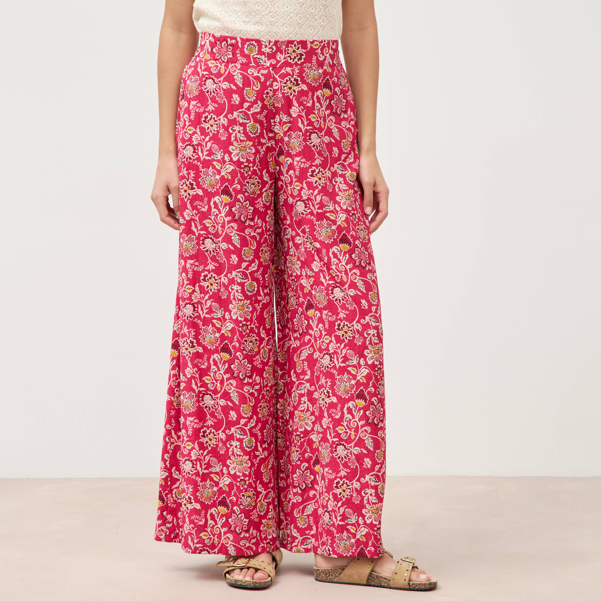 Pantalon large taille haute rouge cerise femme