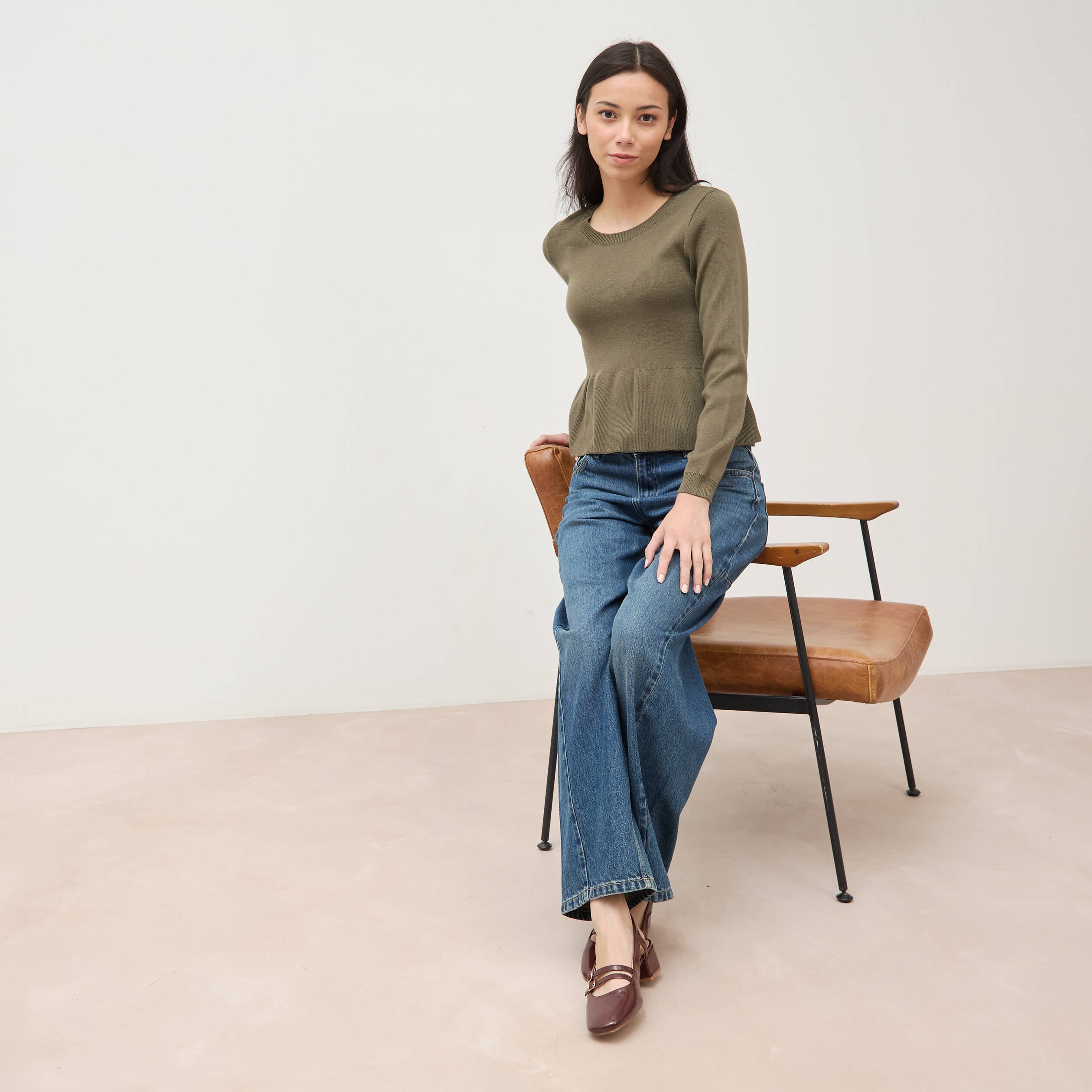 Pull col rond manches longues vert kaki femme