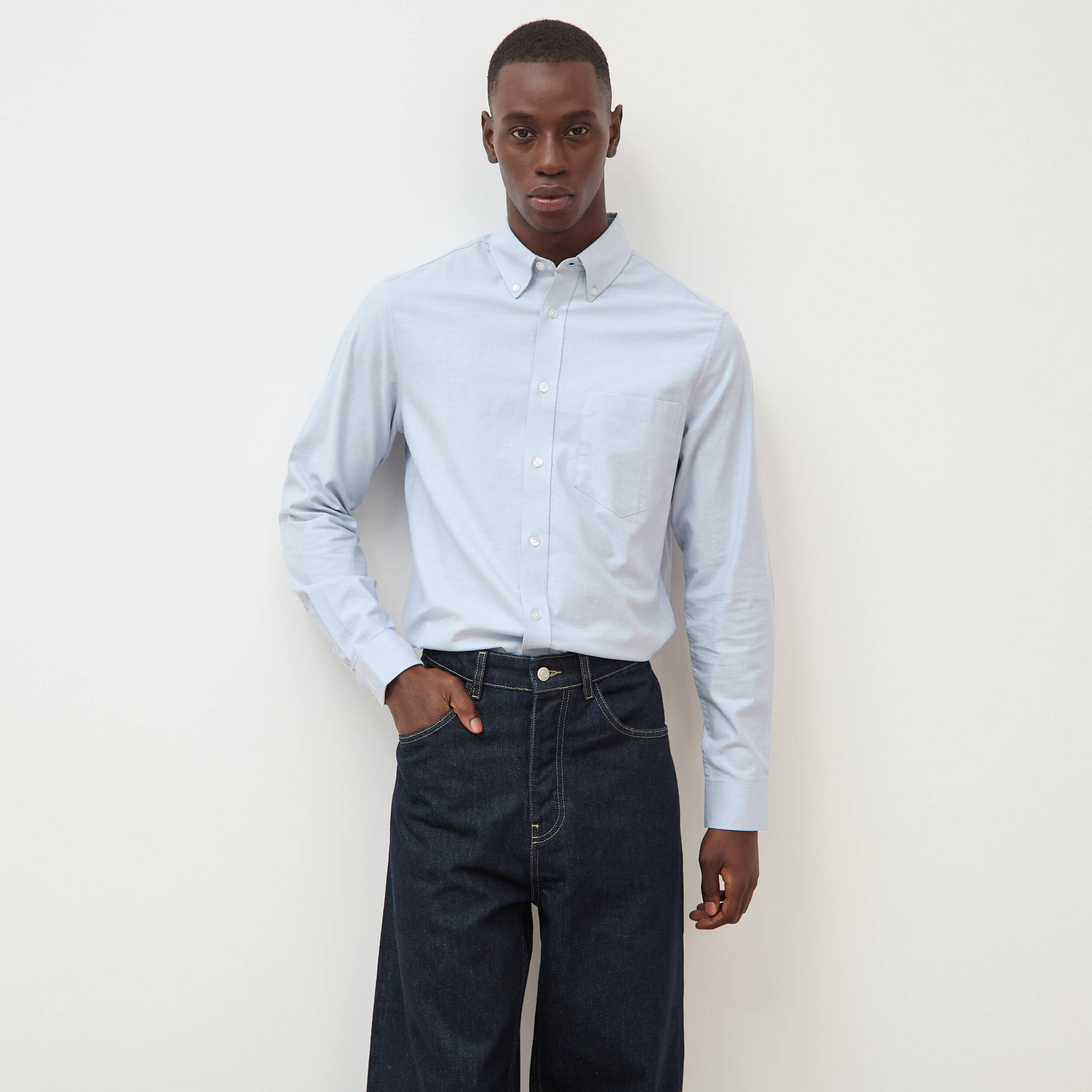 Chemise manches longues col am&eacute;ricain bleu gris homme