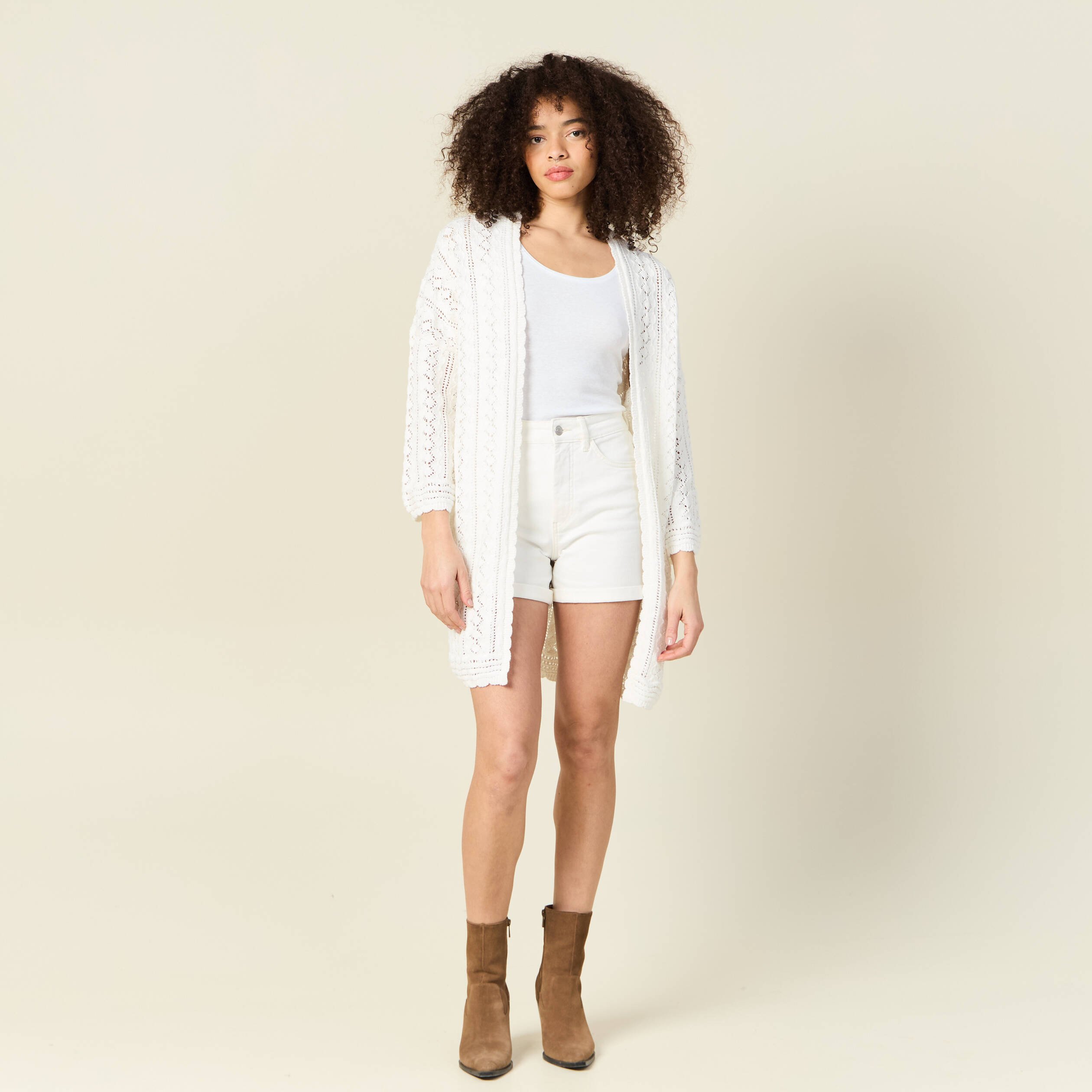 gilet long ajoure ecru femme Gilet long ajouré ecru femme