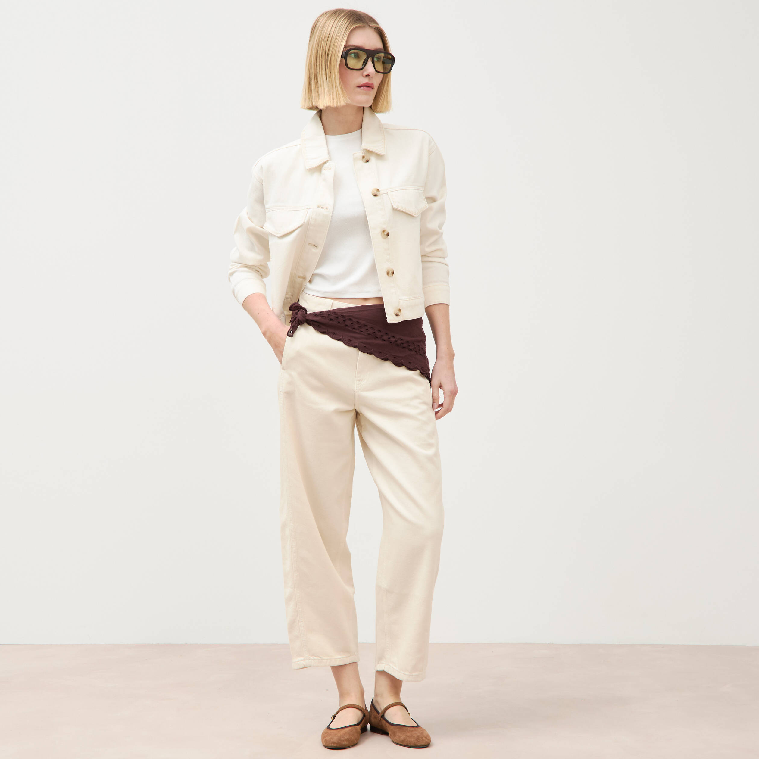 Blouson oversize manches longues denim blanc femme