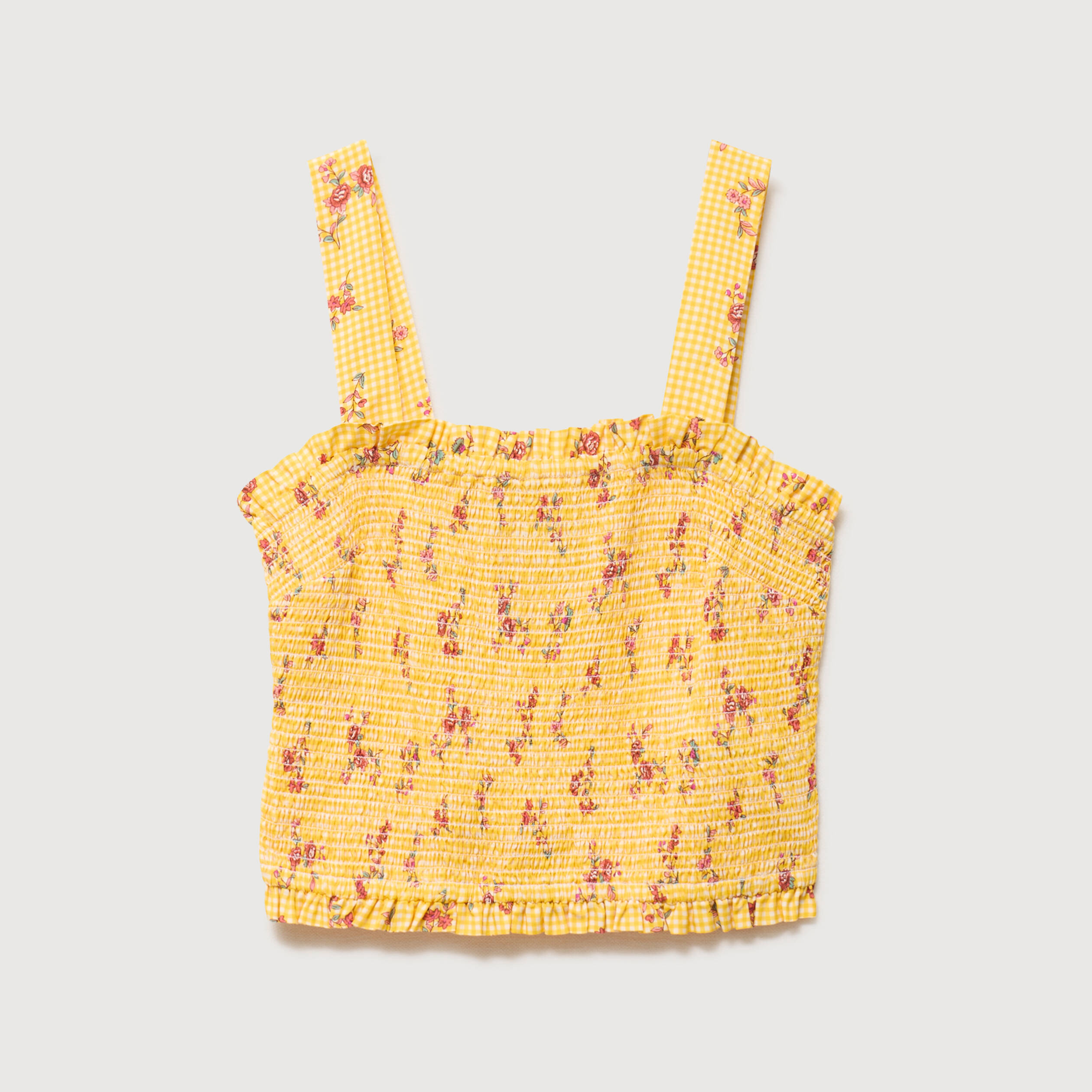 Top droit court &agrave; bretelles col carr&eacute; jaune femme