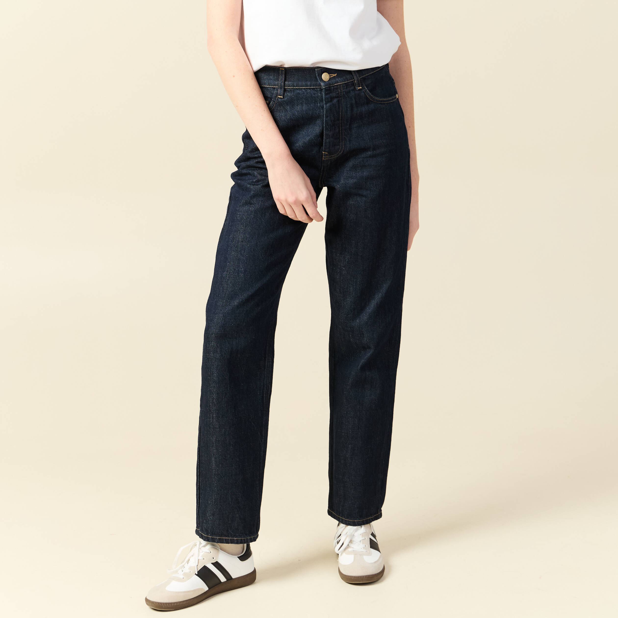 Jeans straight taille haute denim brut rinse femme