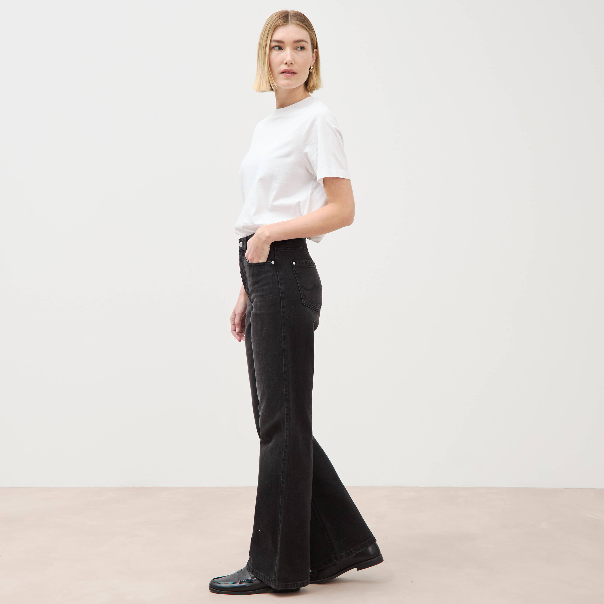 Jeans large taille haute denim noir femme