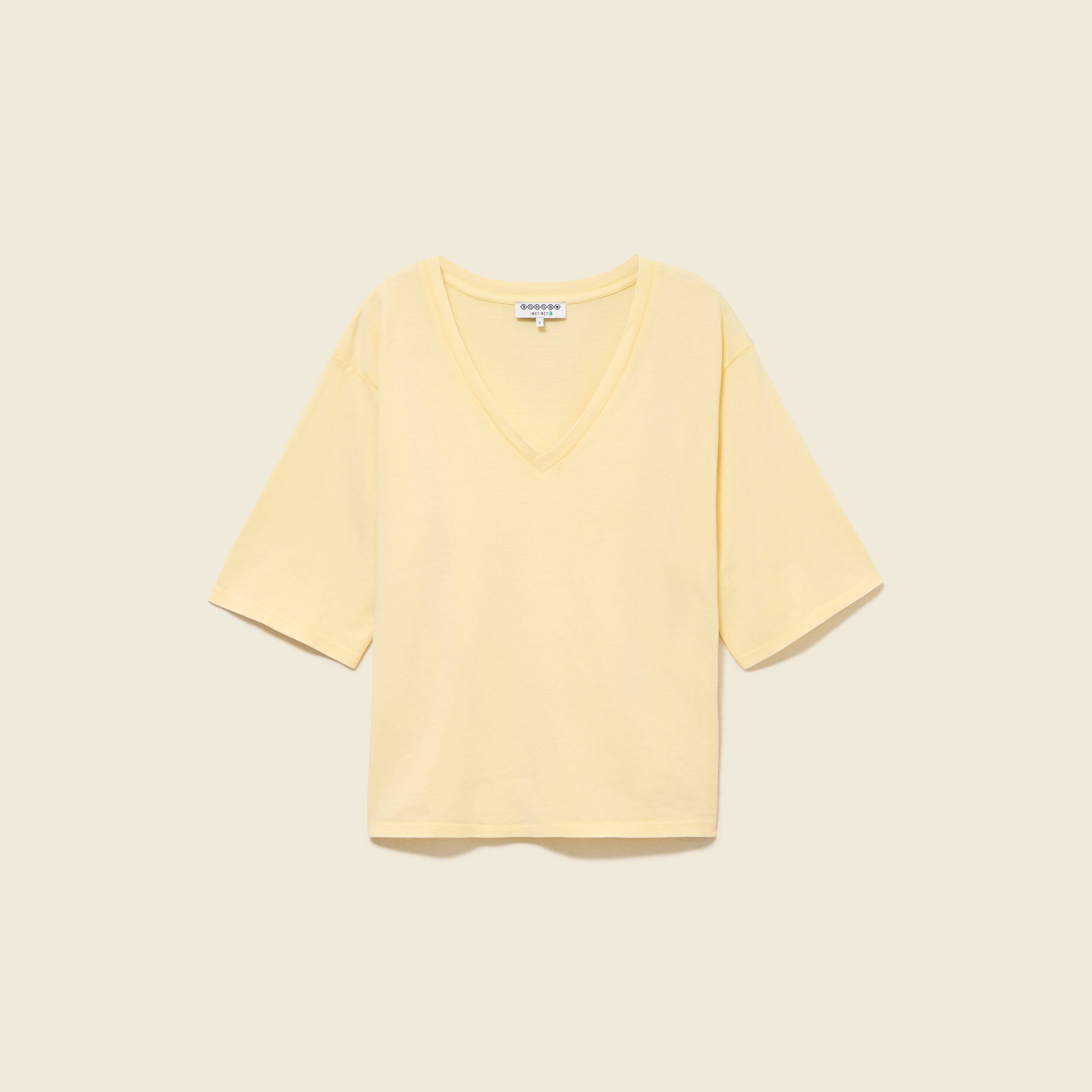 T-shirt col v manches courtes en coton jaune clair femme