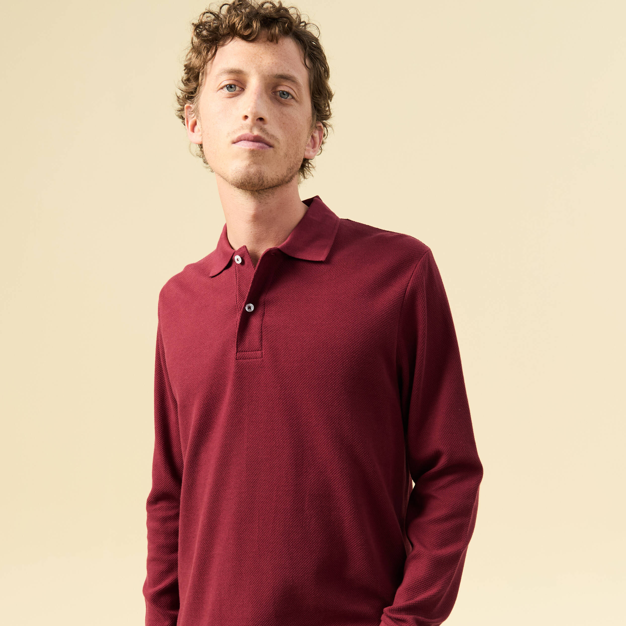 Polo manches longues en coton bordeaux homme