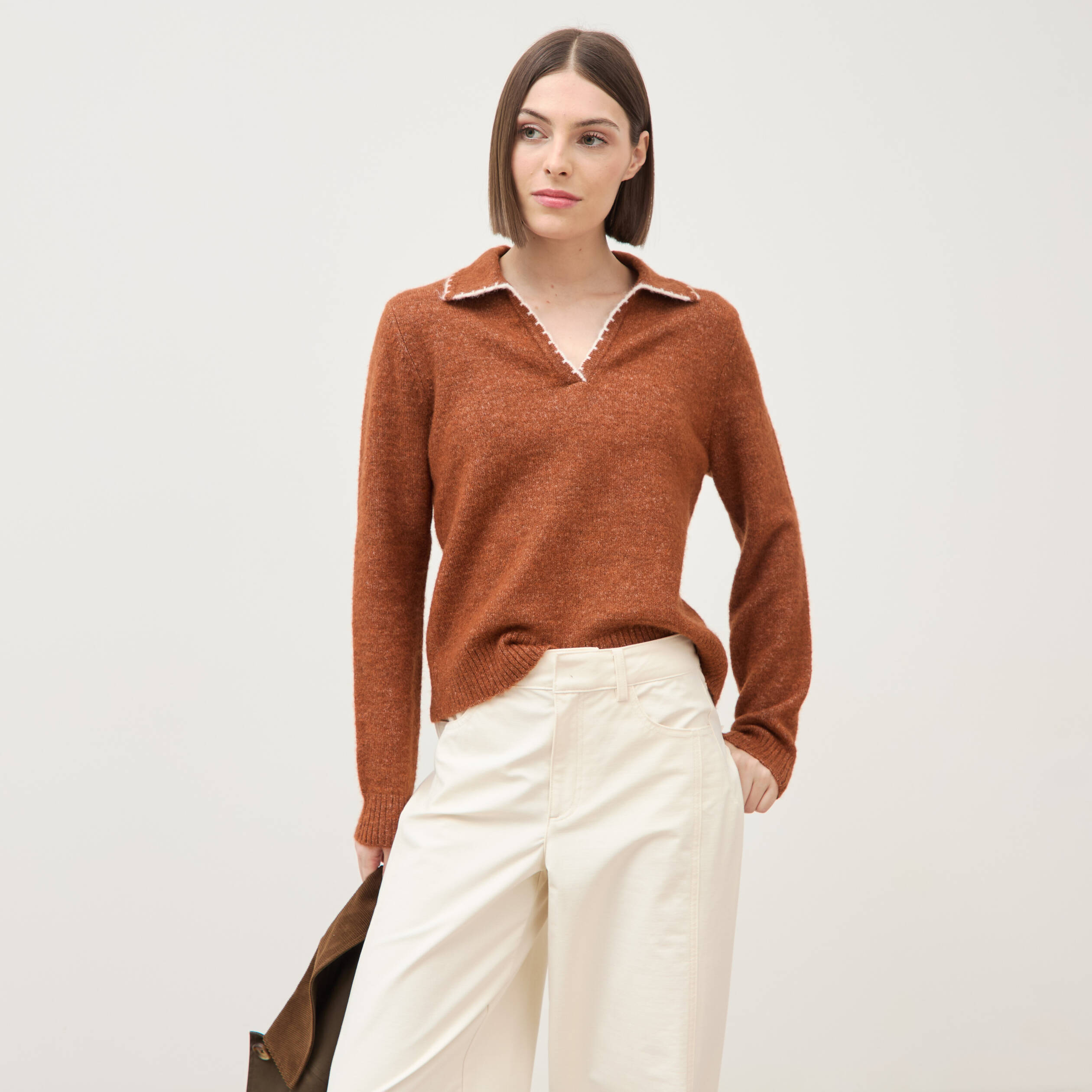 Pull droit col polo manches longues marron cognac femme