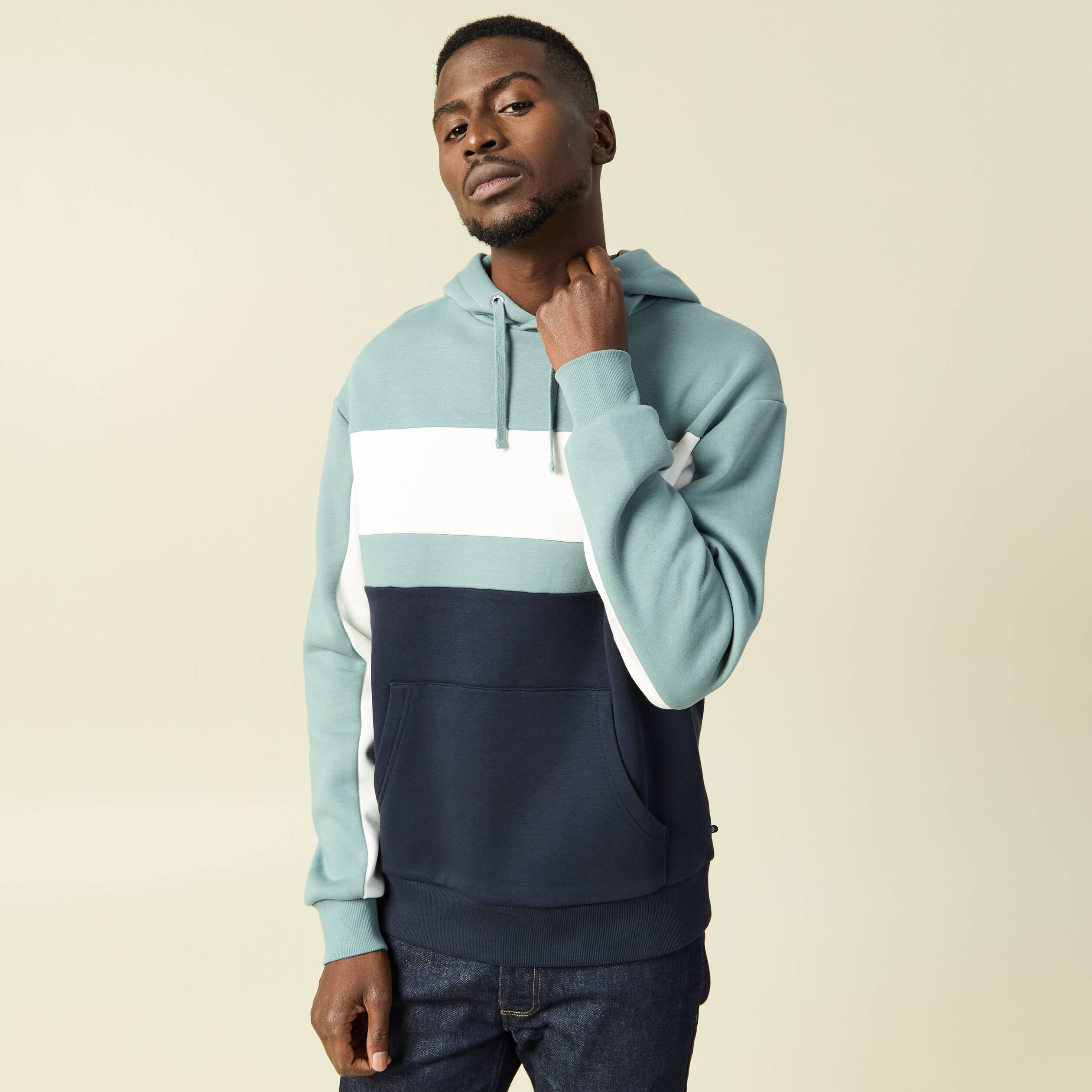 Sweat &agrave; capuche manches longues bleu gris homme