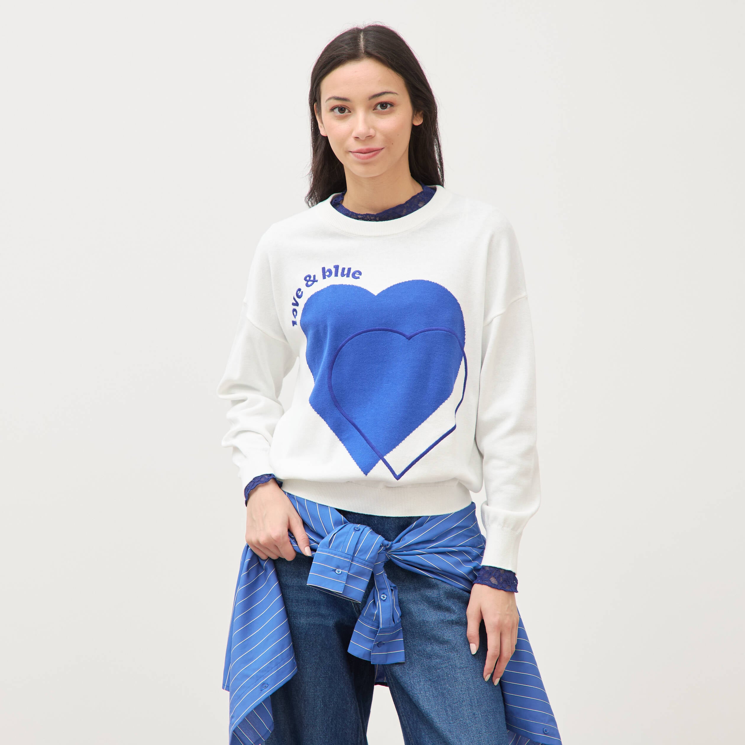 Pull oversize col rond manches longues ecru femme